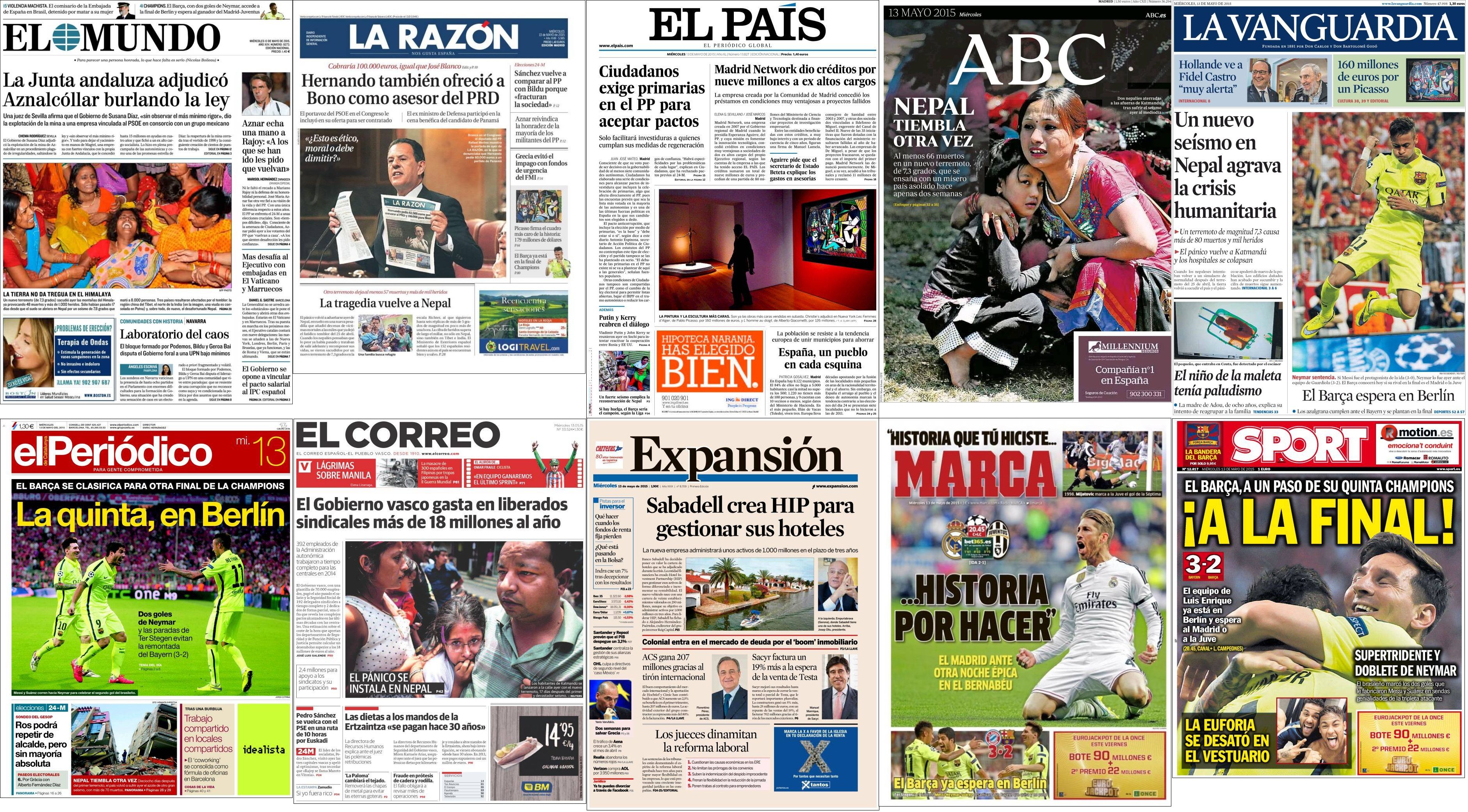 Portadas del miércoles 13 de mayo de 2015.