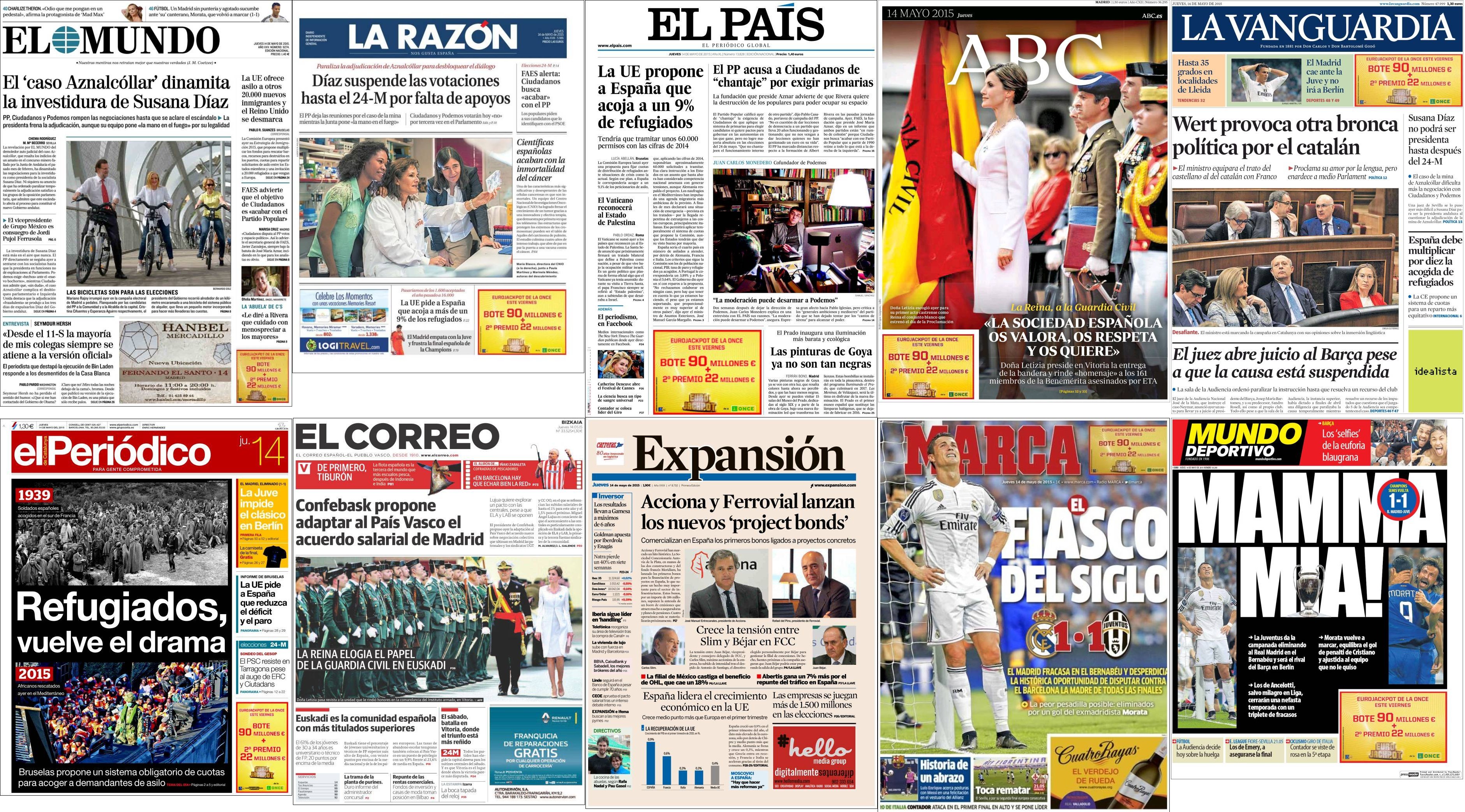 Portadas del jueves 14 de mayo de 2015.