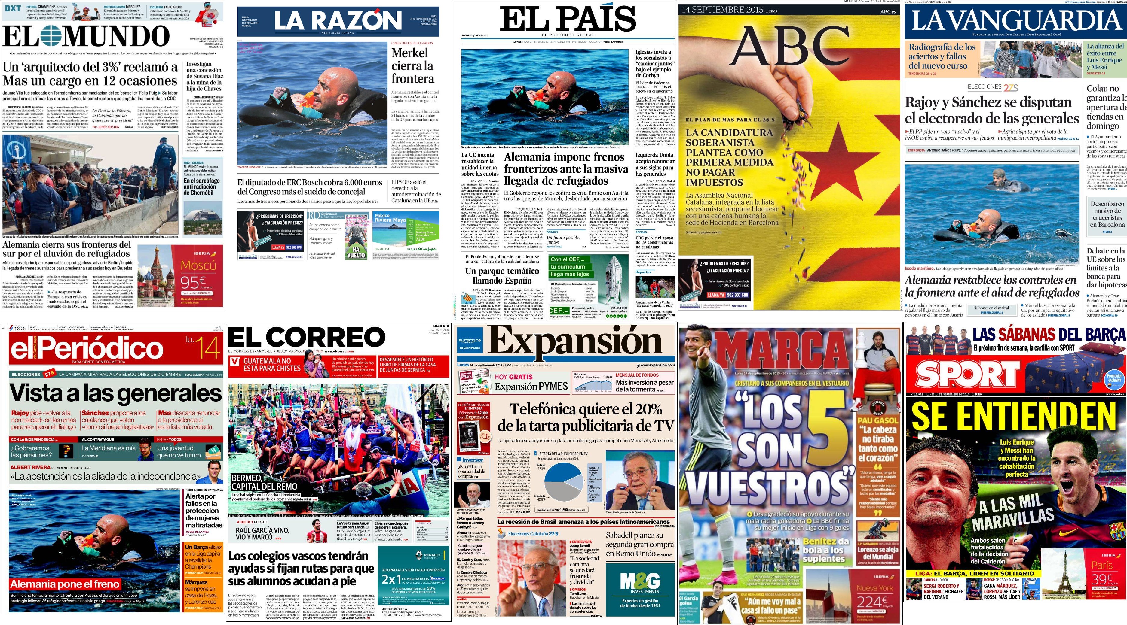 Portadas del lunes 14 de septiembre de 2015.
