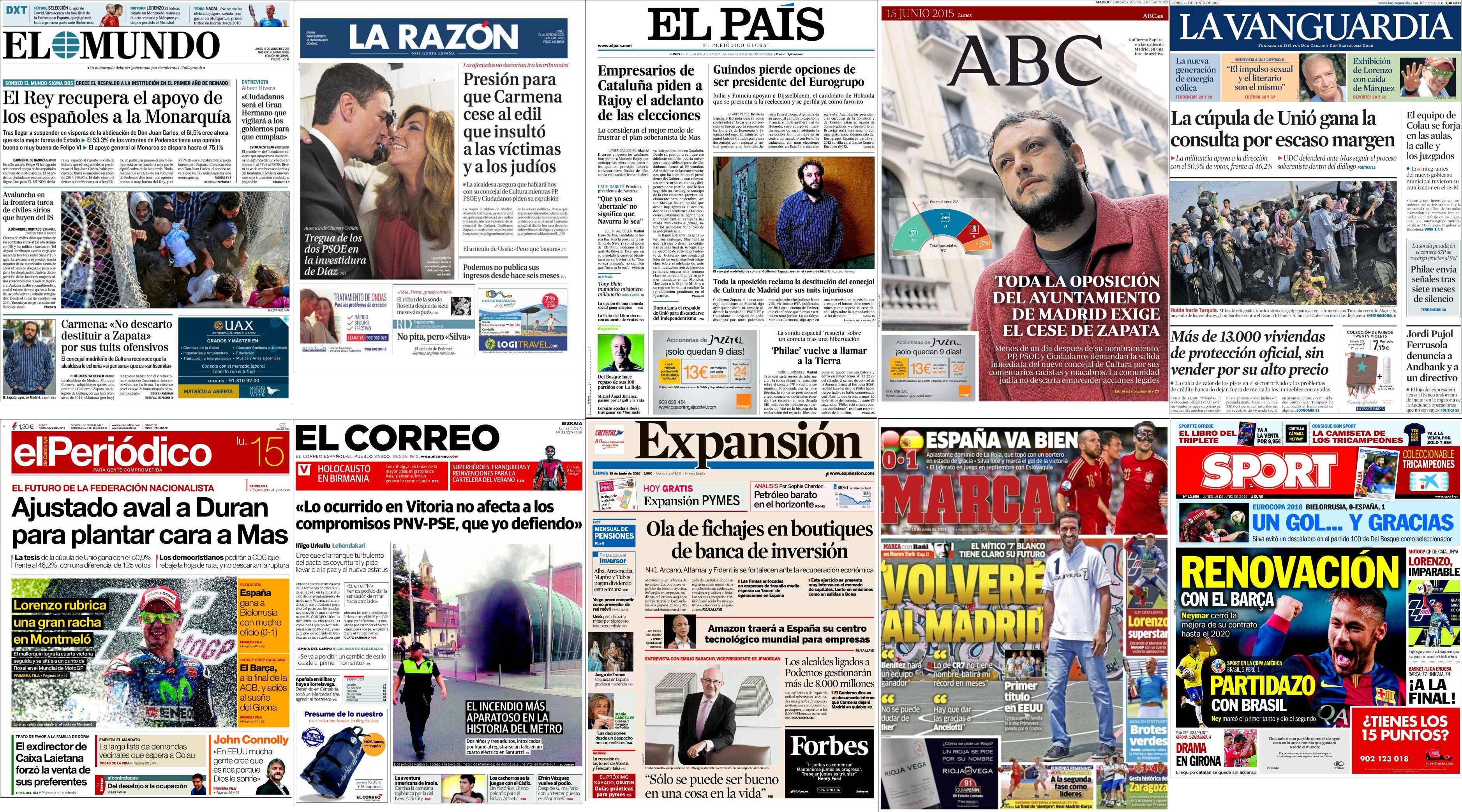 Portadas del lunes 15 de junio de 2015.