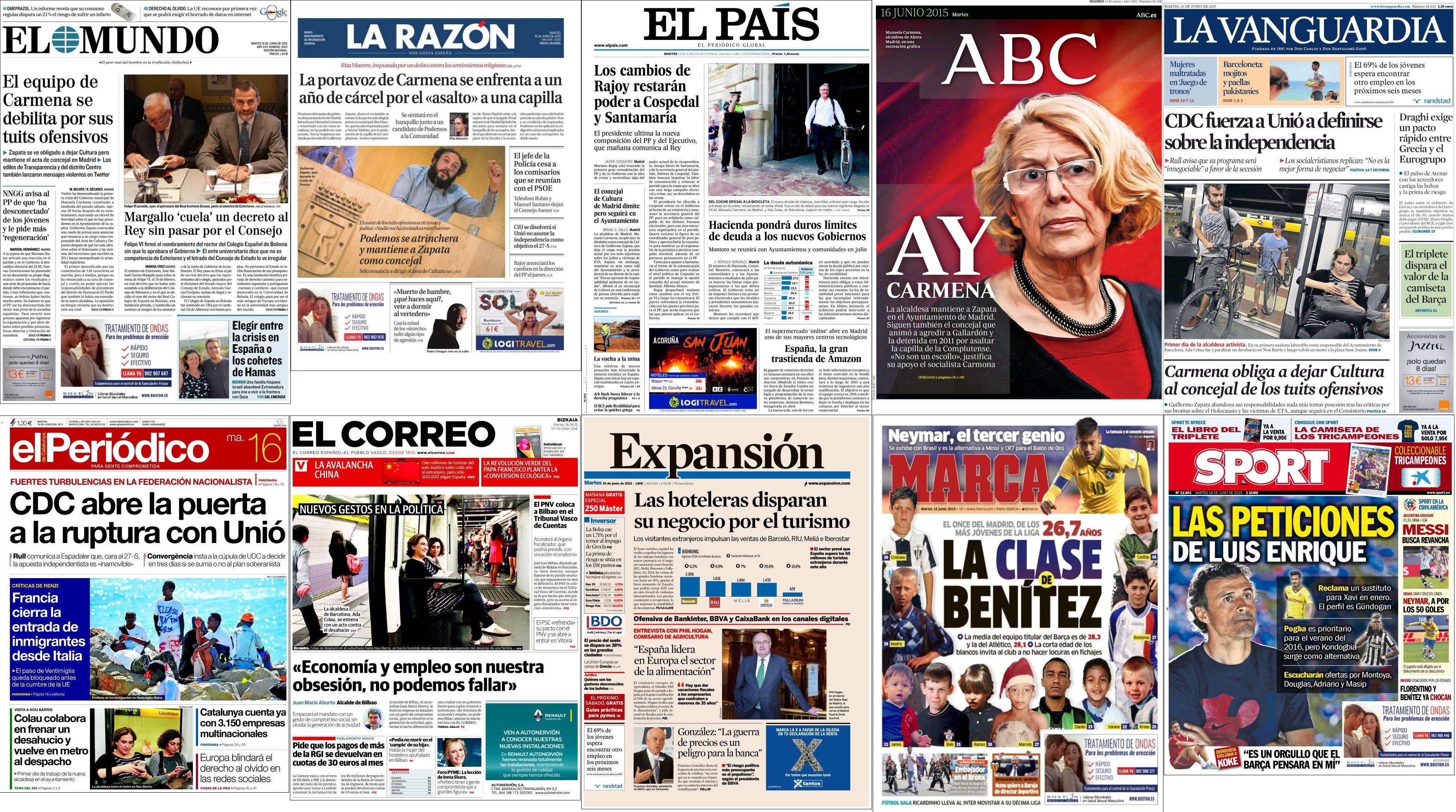 Portadas del martes 16 de junio de 2015.