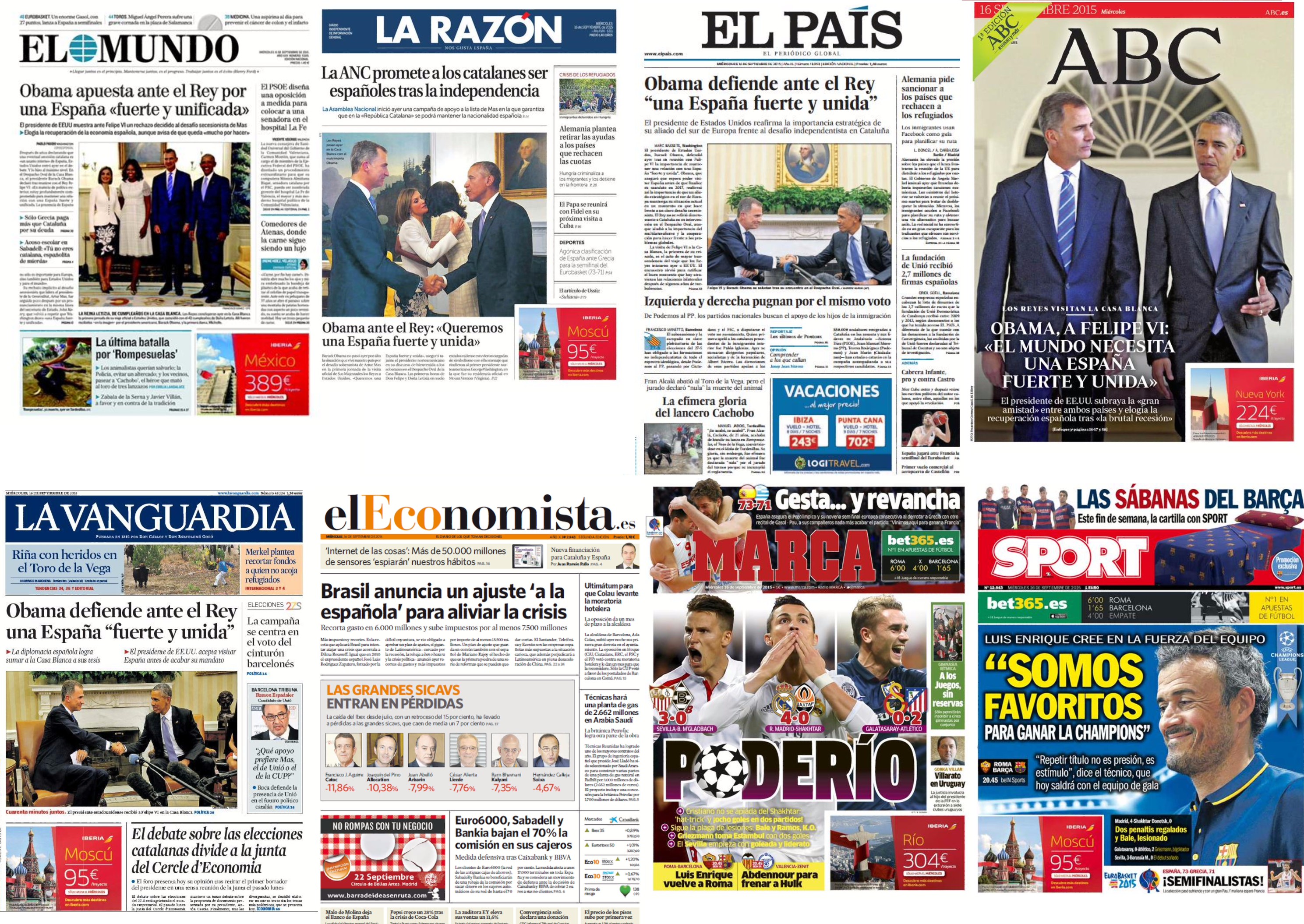 Portadas del 16 de septiembre de 2015.