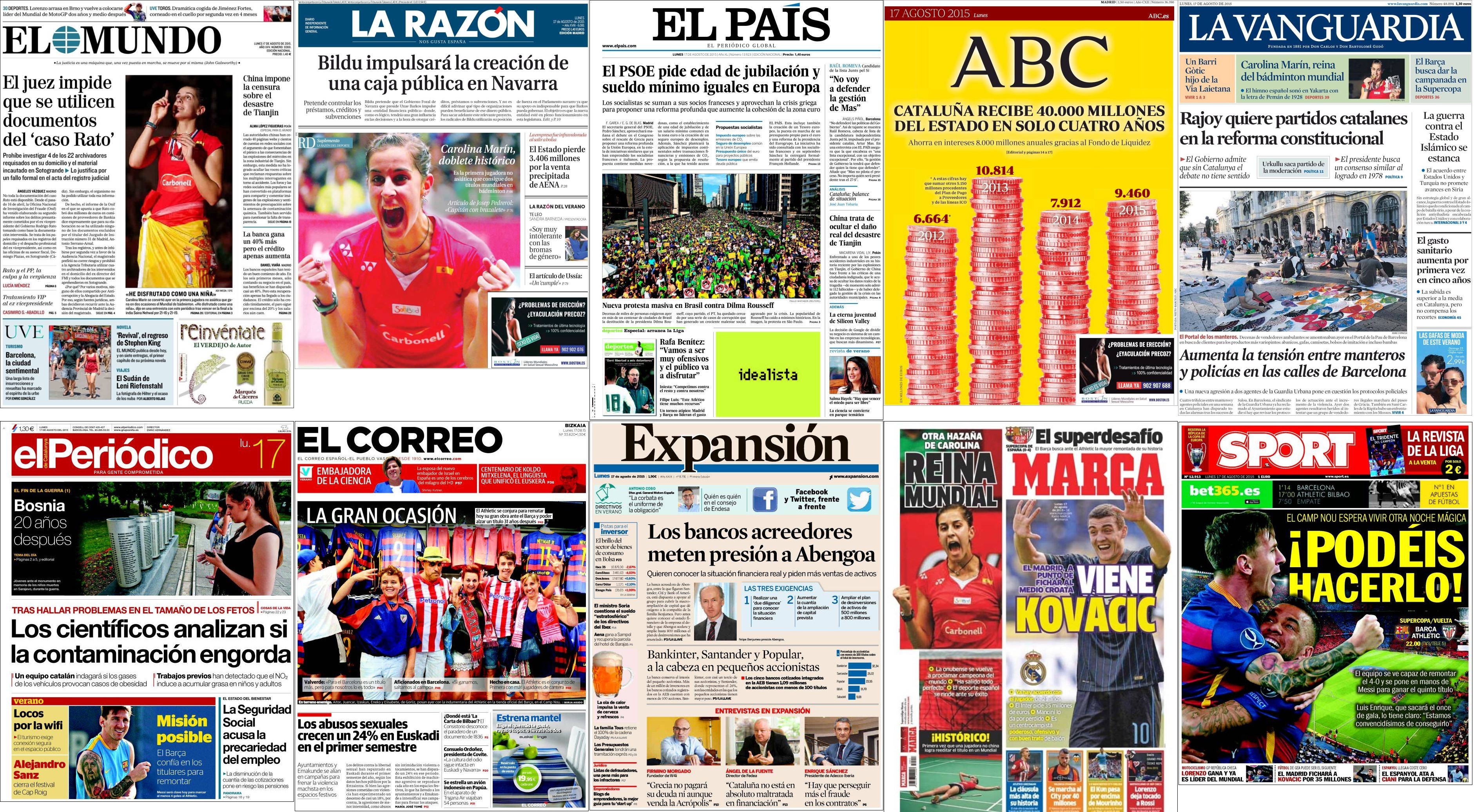 Portadas del lunes 17 de agosto de 2015.