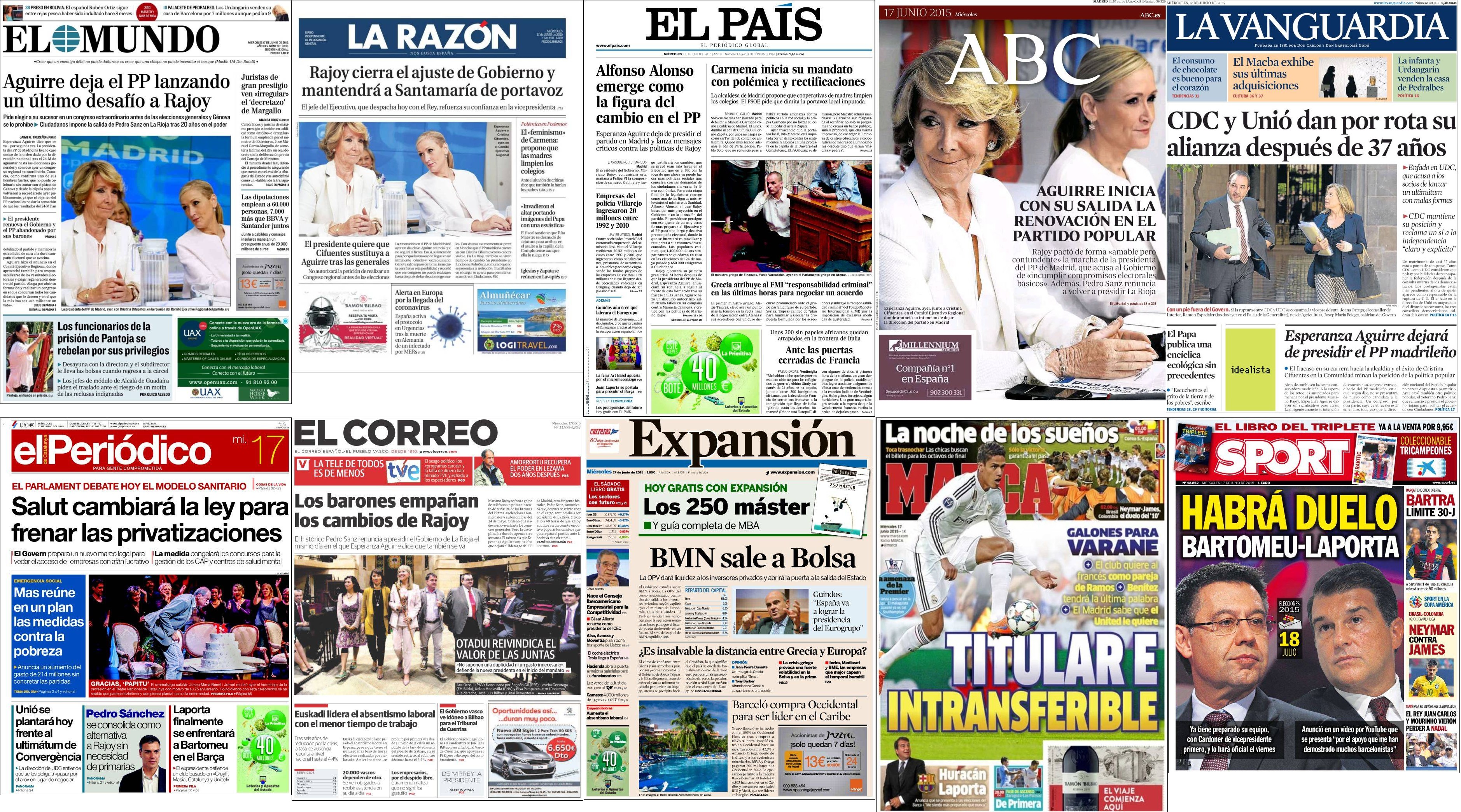 Portadas del miércoles 17 de junio de 2015.