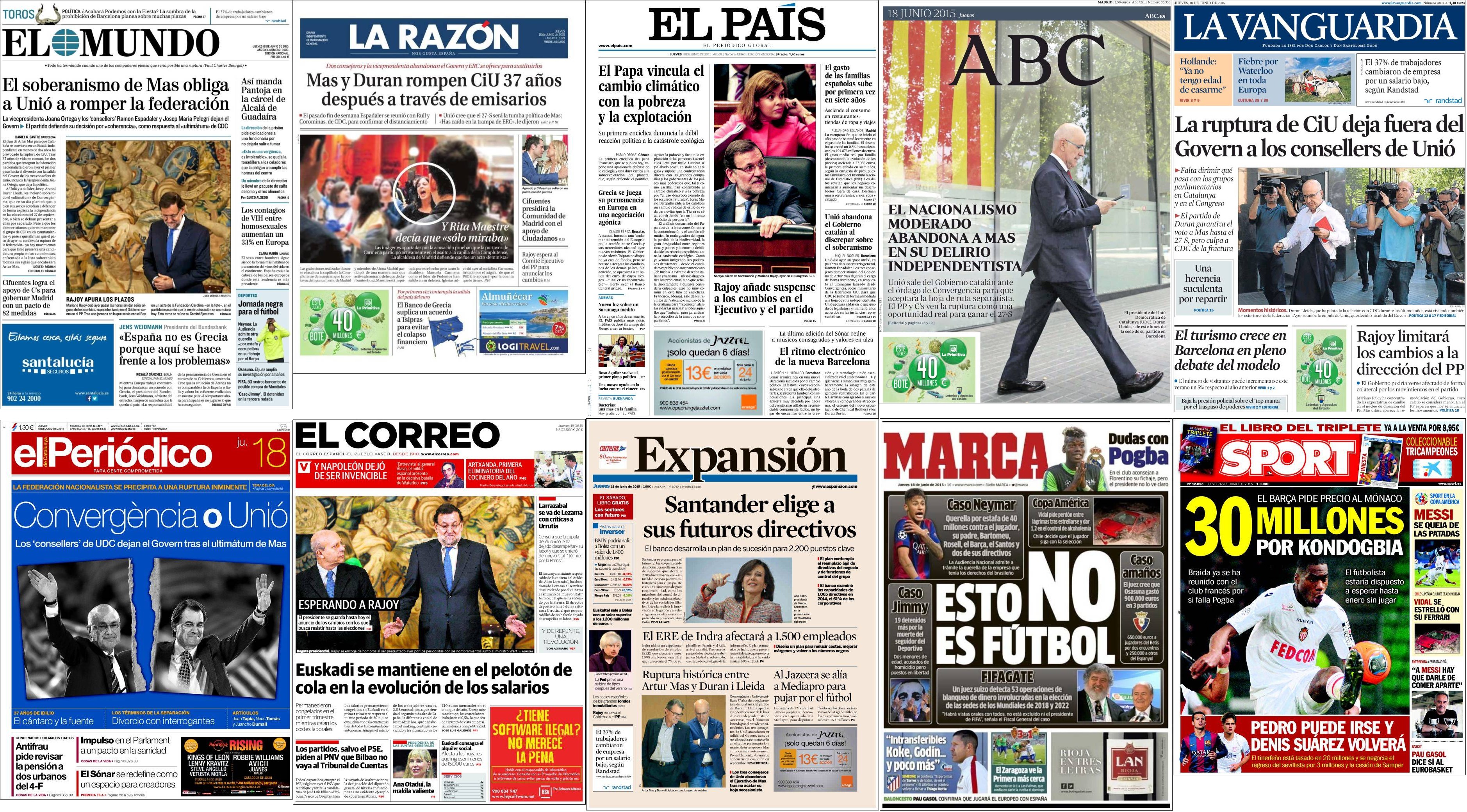 Portadas del jueves 18 de junio de 2015.