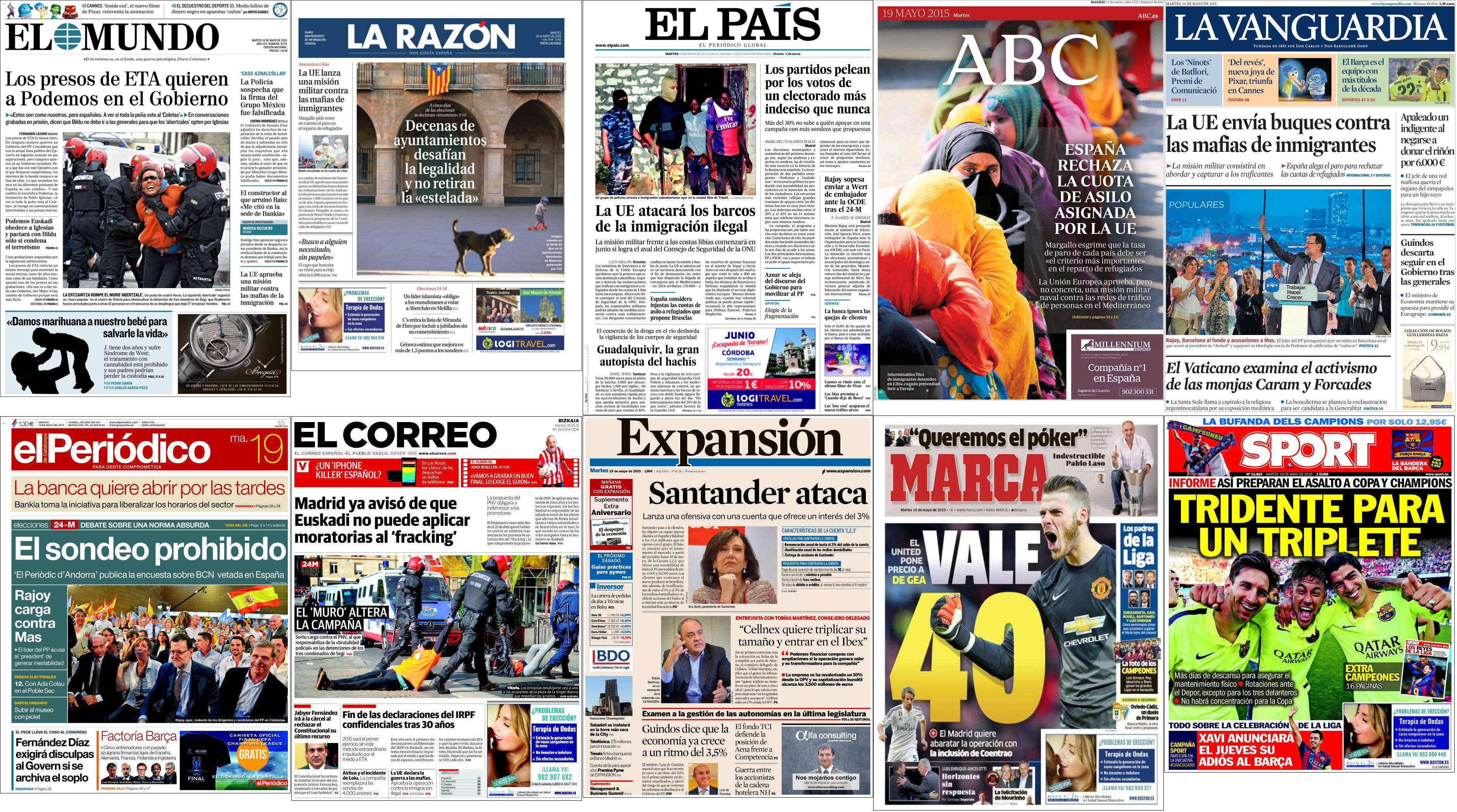 Portadas del martes 19 de mayo de 2015.