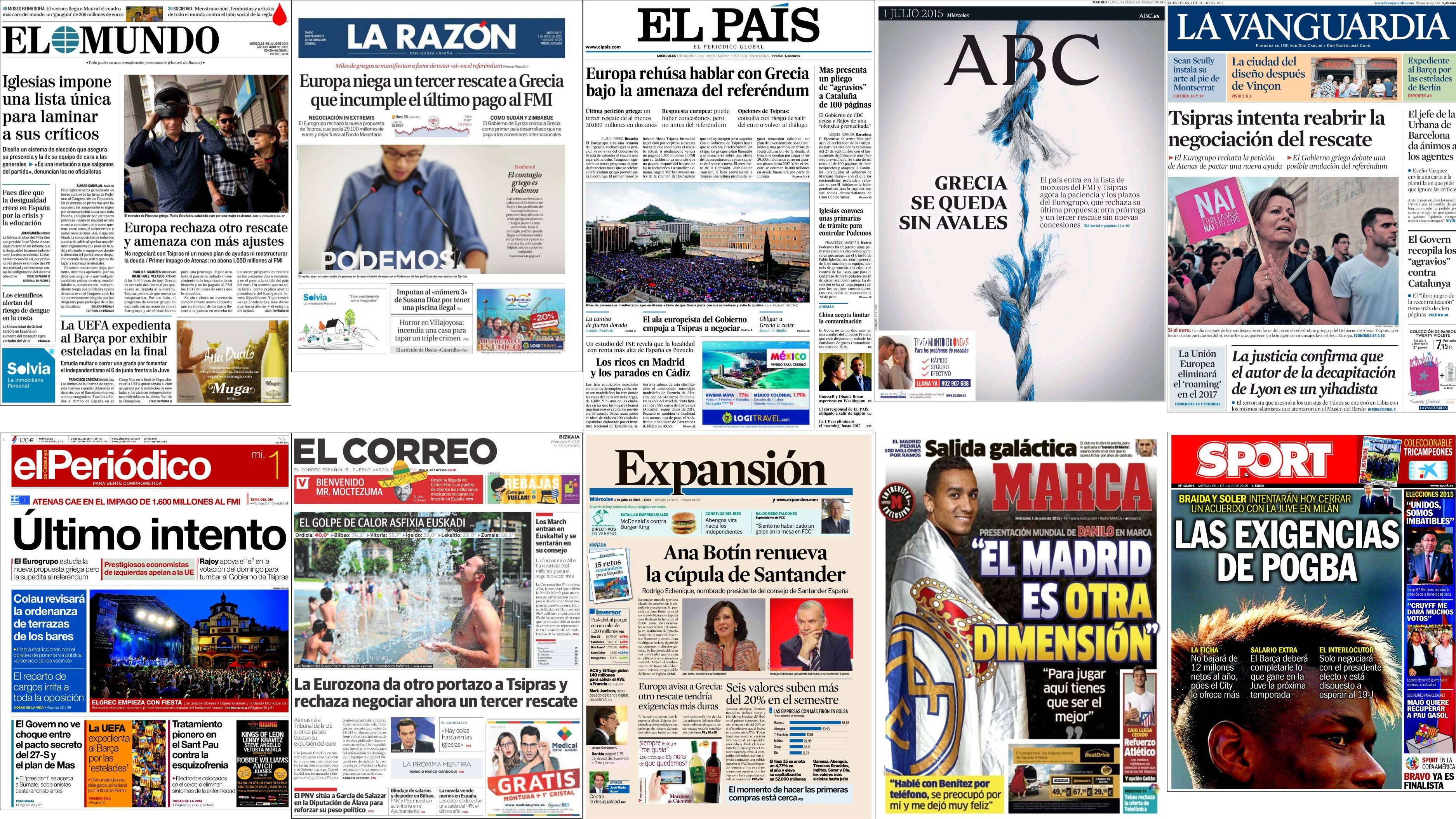 Portadas del miércoles 1 de julio de 2015.