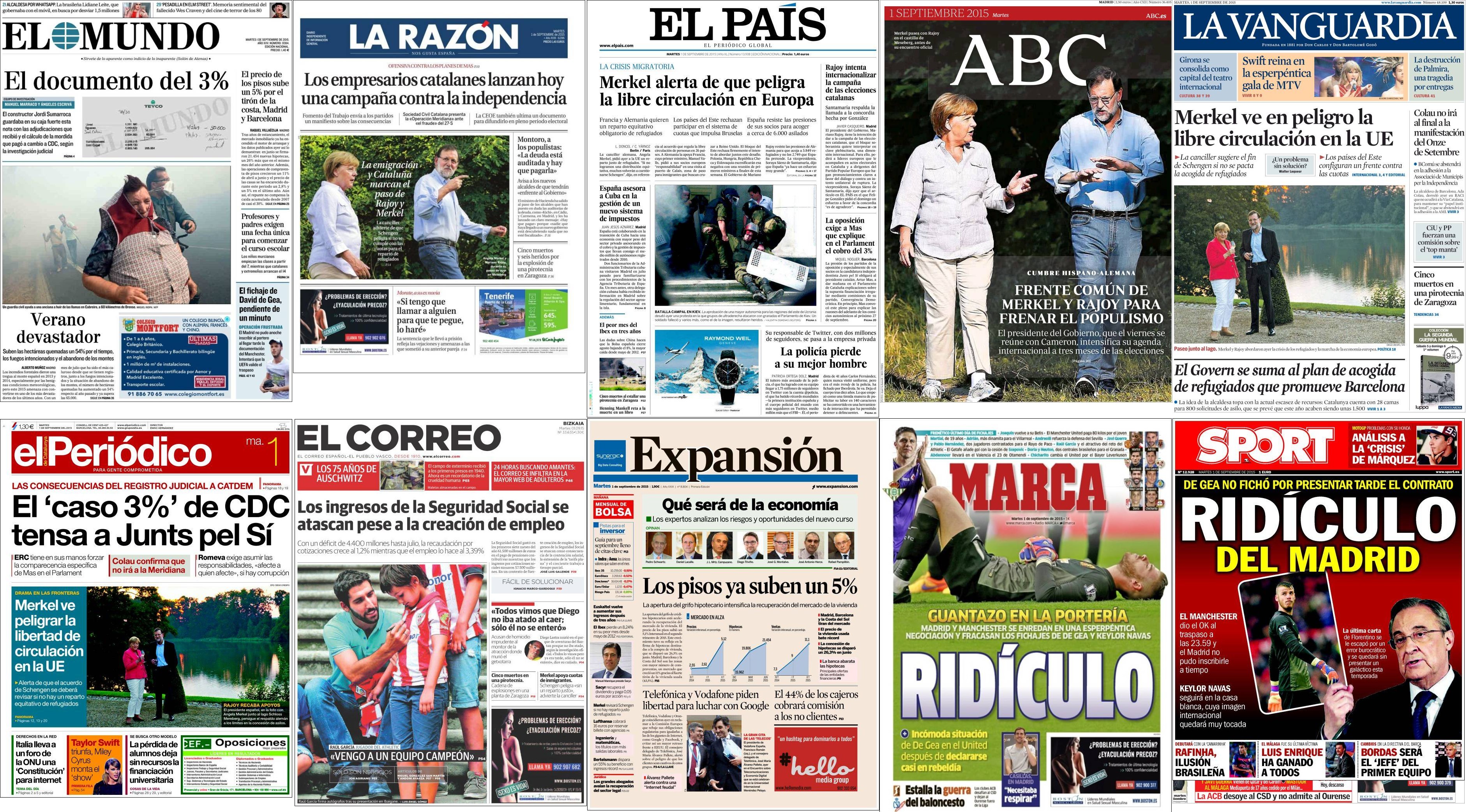 Portadas del martes 1 de septiembre de 2015.