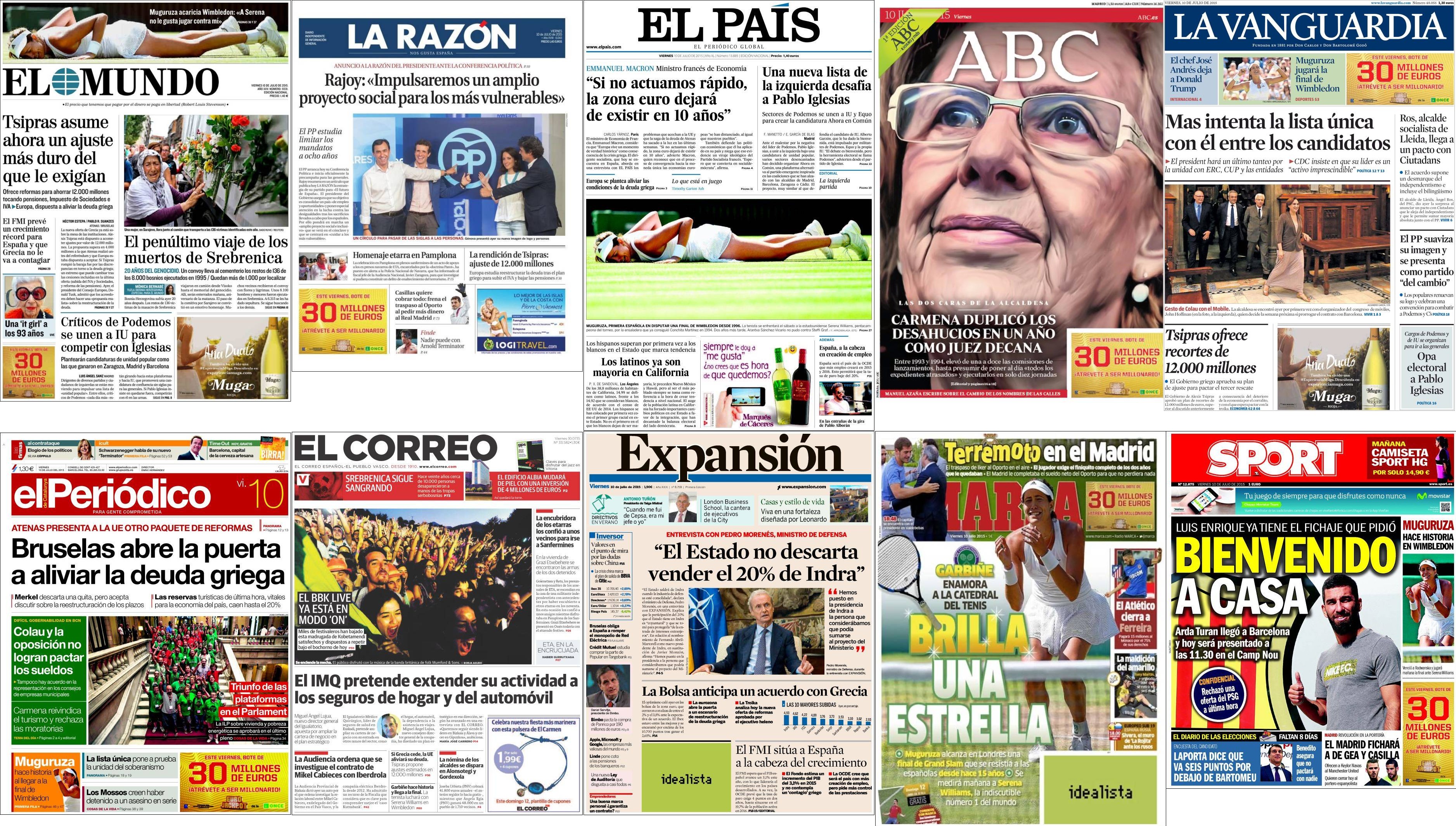 Portadas del viernes 10 de julio de 2015.