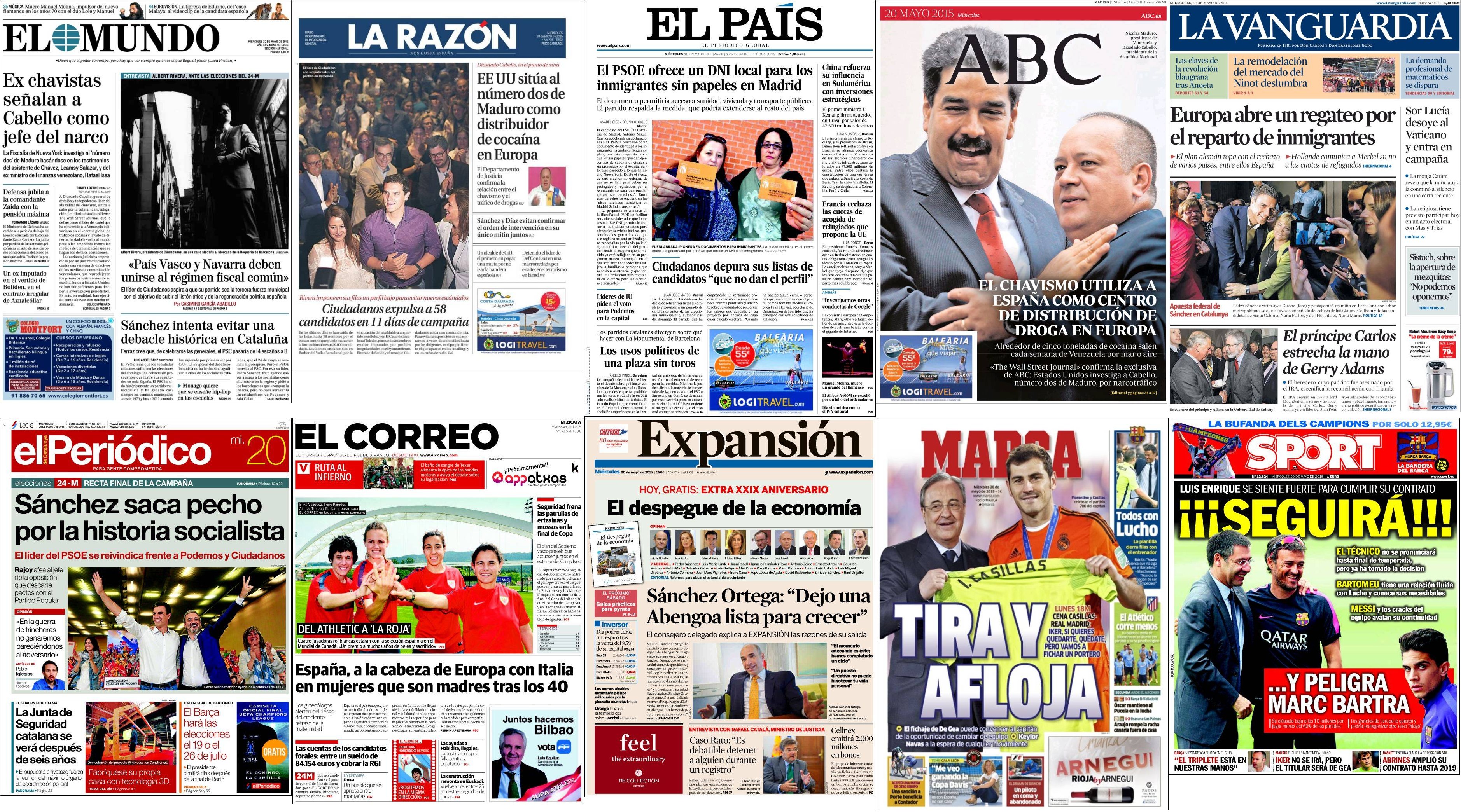 Portadas del miércoles 20 de mayo de 2015.