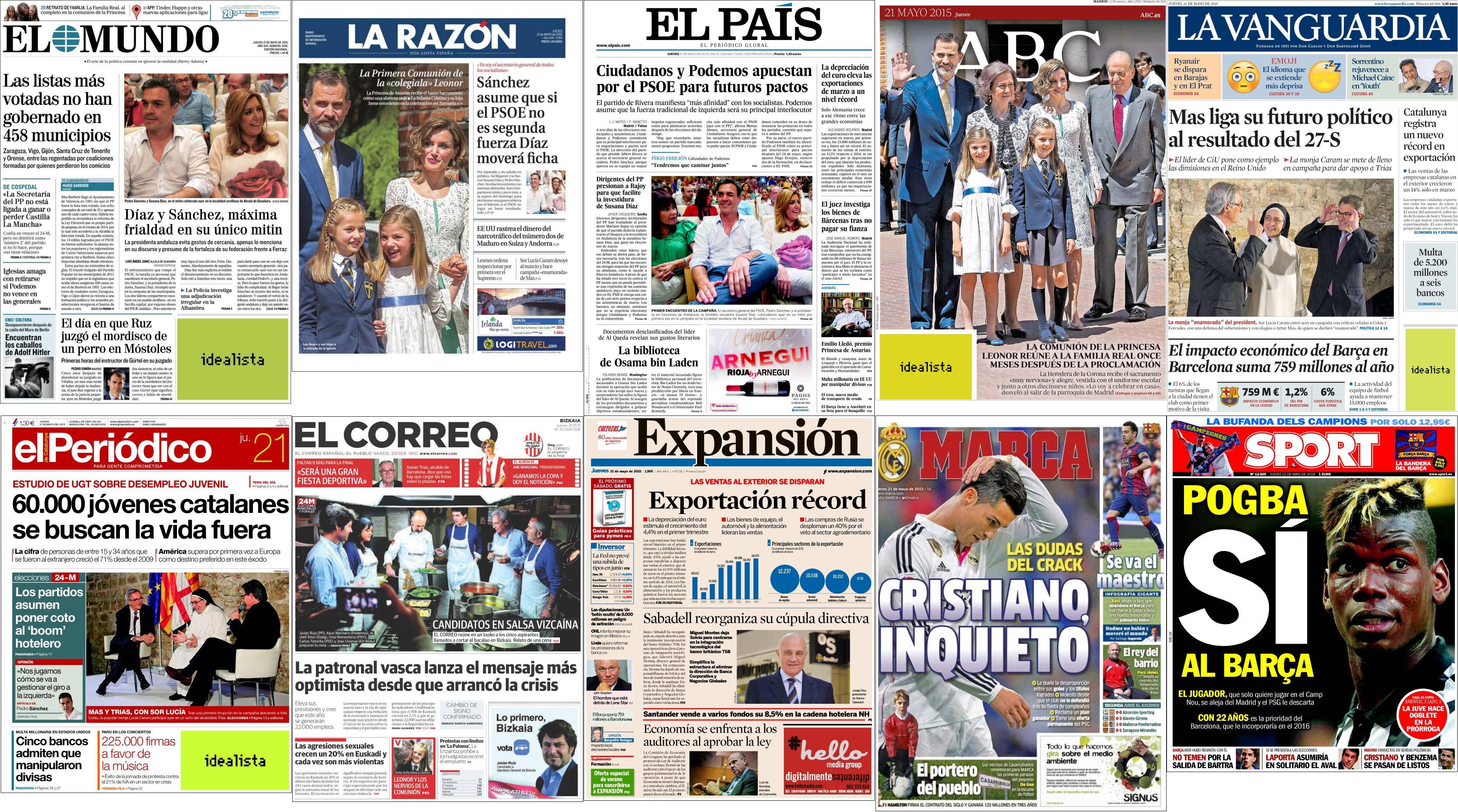 Portadas del jueves 21 de mayo de 2015.