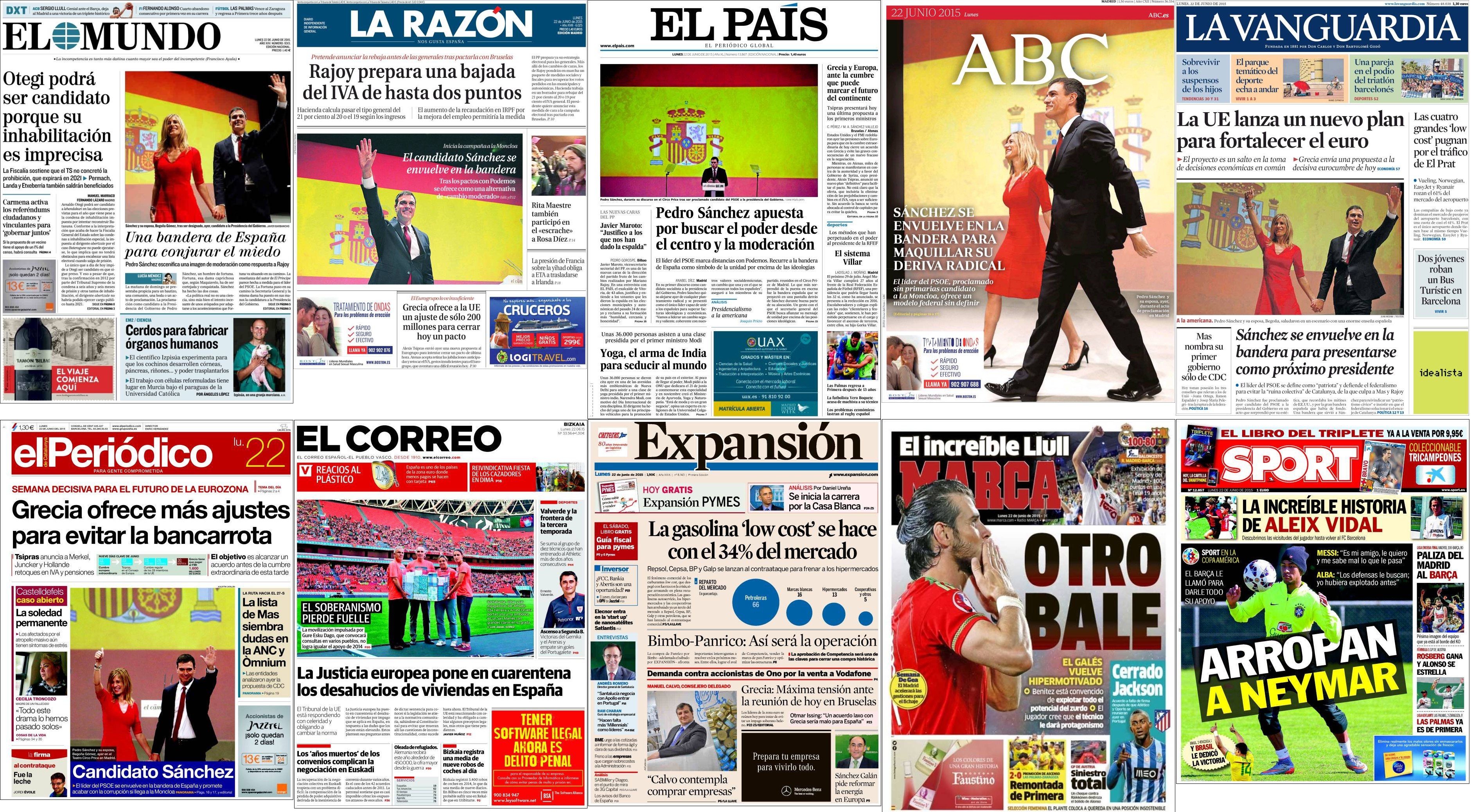 Portadas del lunes 22 de junio de 2015.