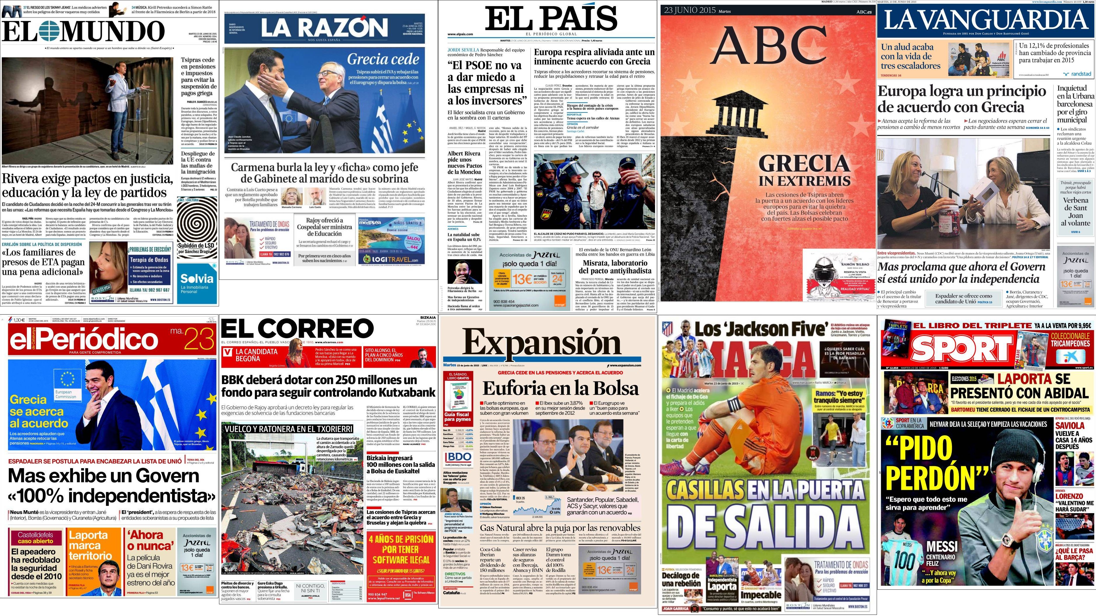 Portadas del martes 23 de junio de 2015.