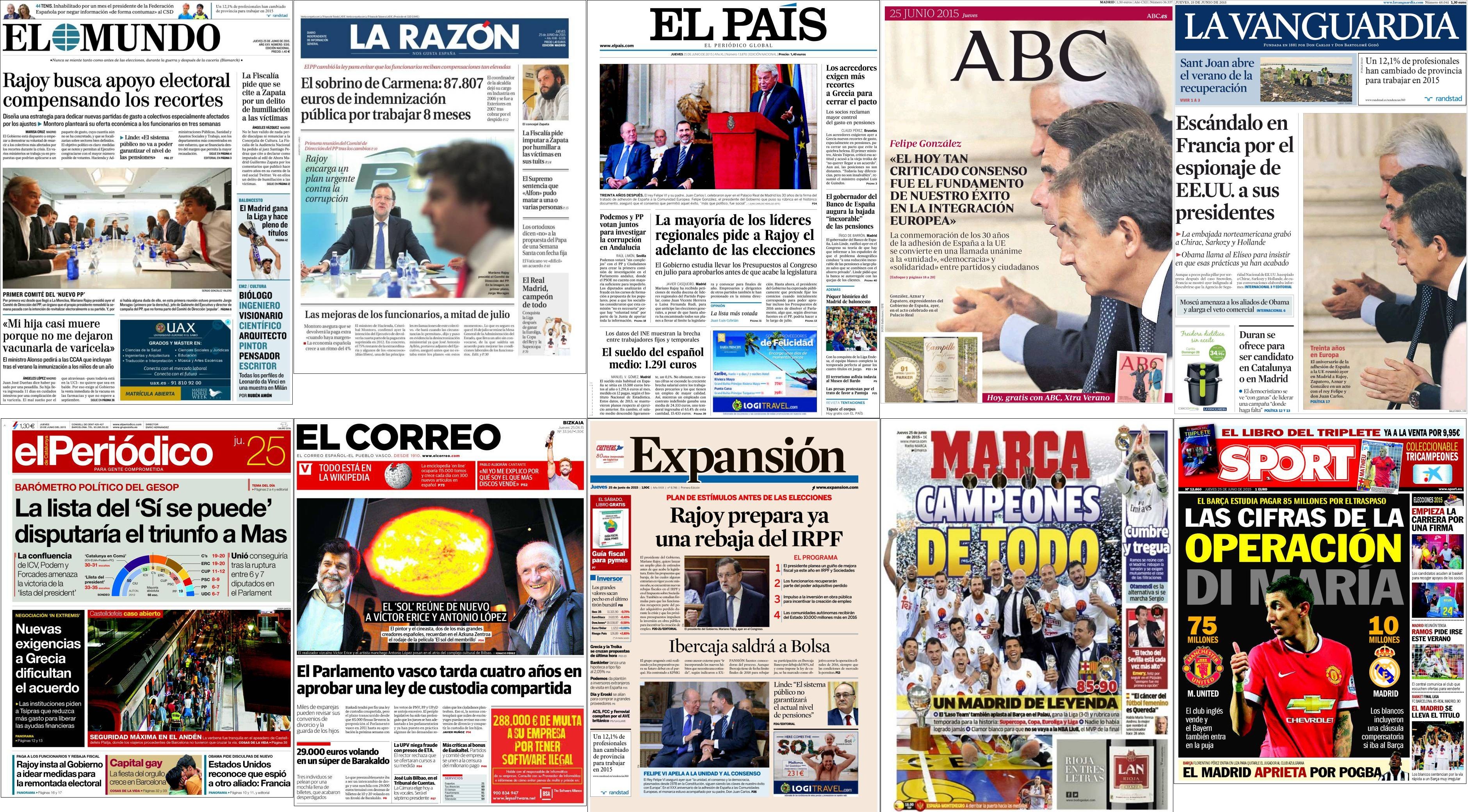 Portadas del jueves 25 de junio de 2015.