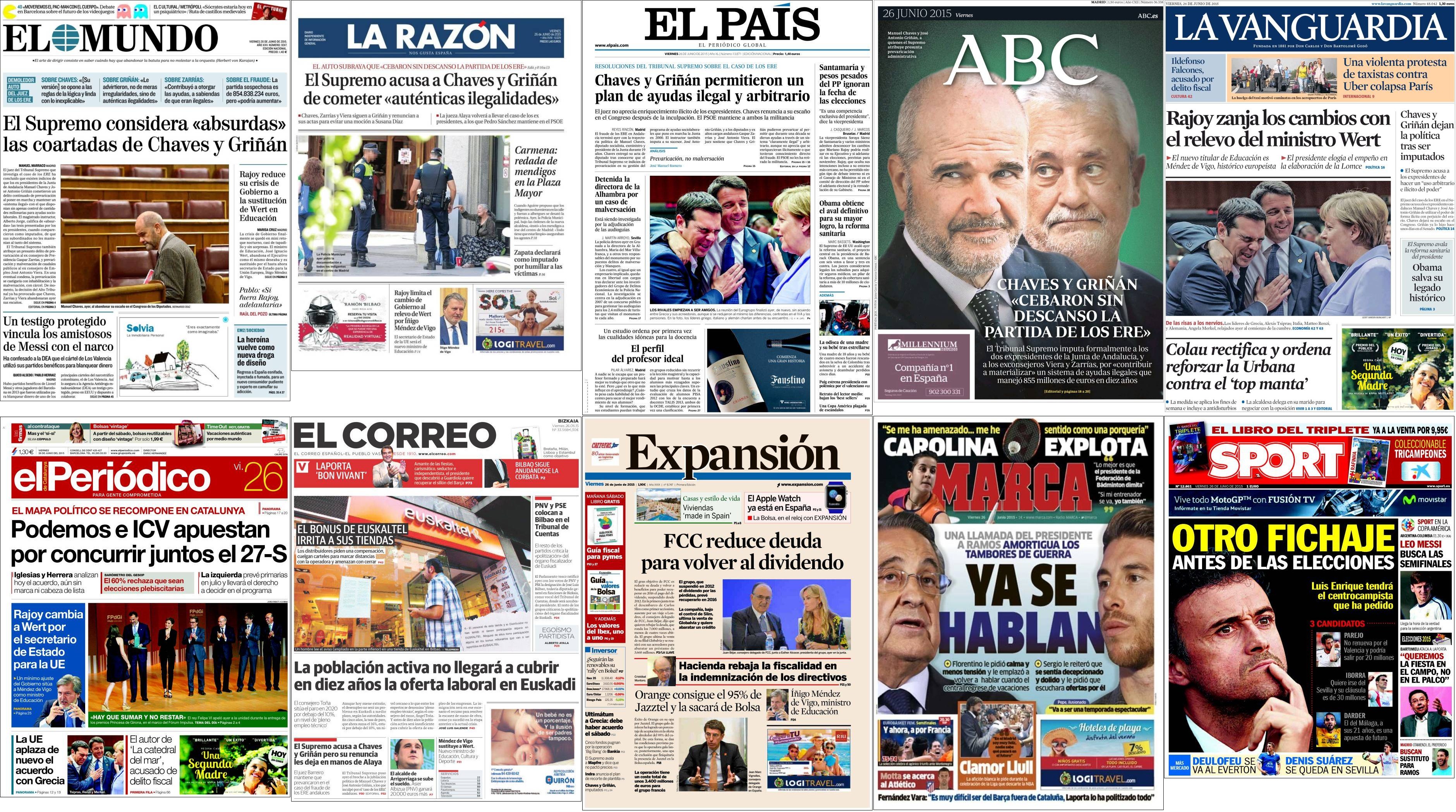 Portadas del viernes 26 de junio de 2015.