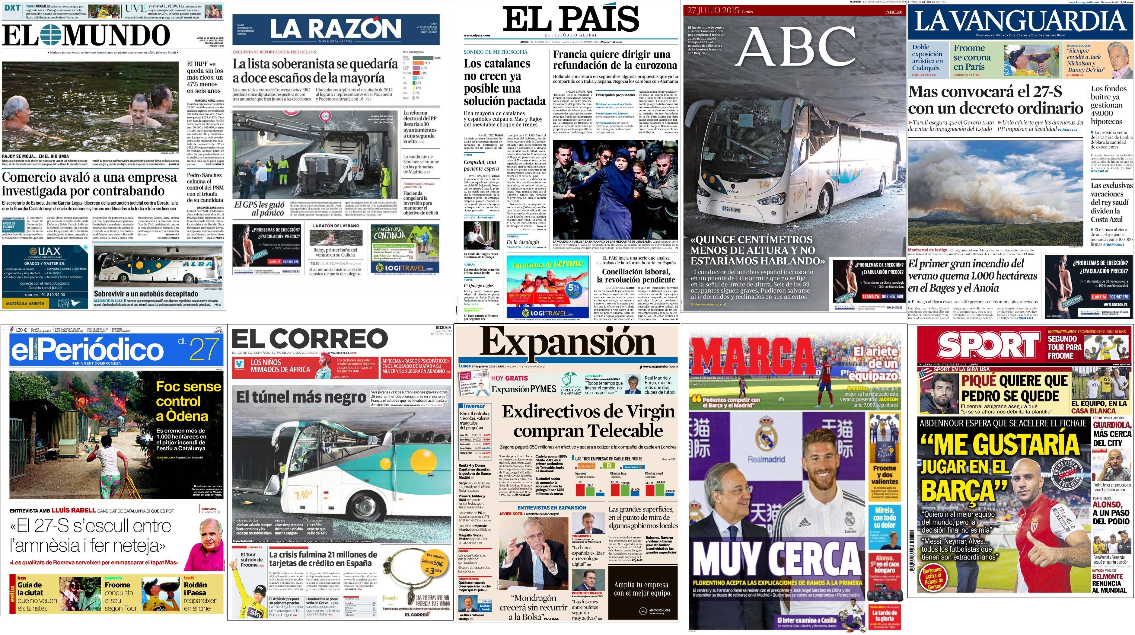 Portadas del lunes 27 de julio de 2015.