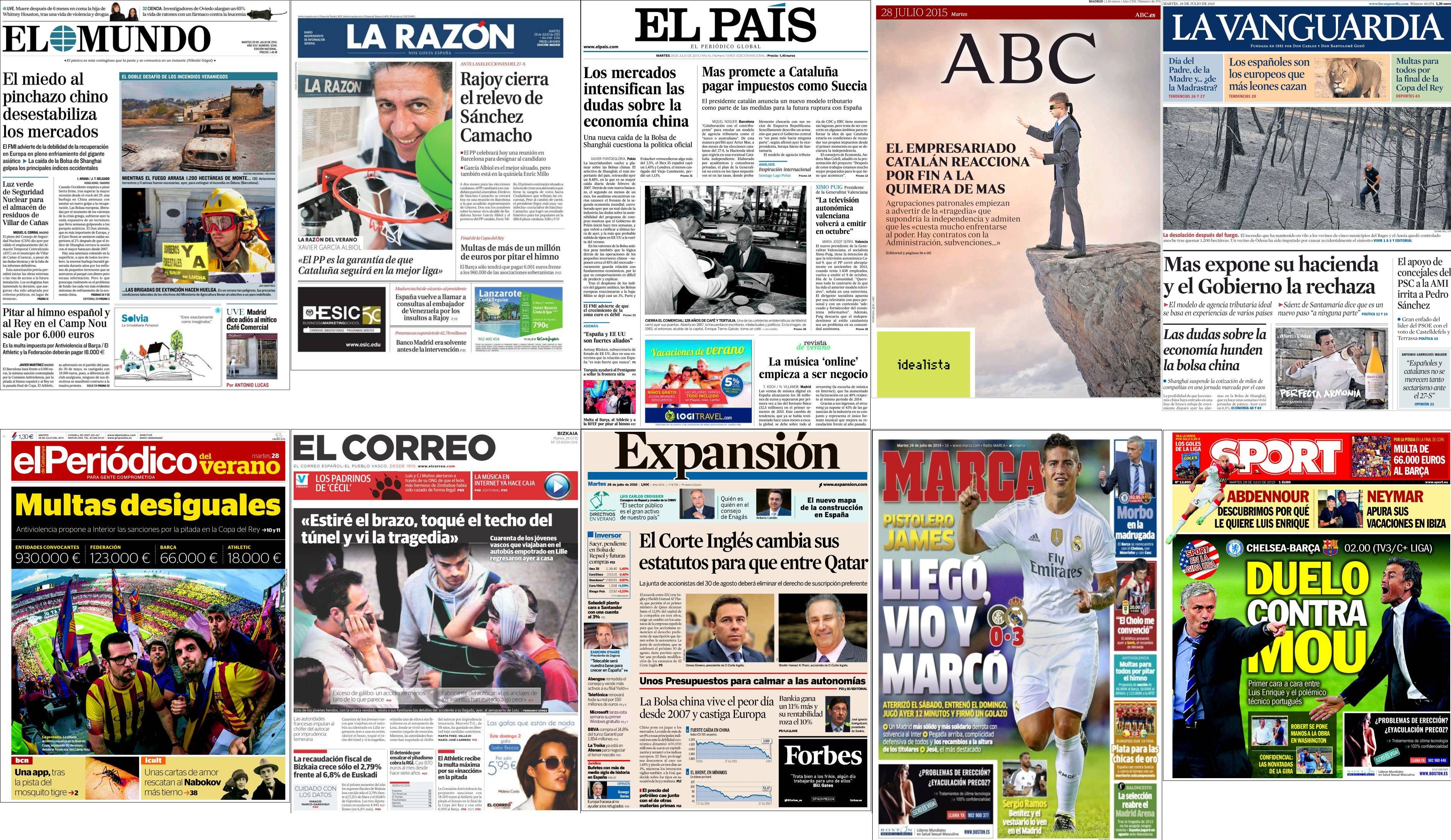 Portadas del martes 28 de julio de 2015.