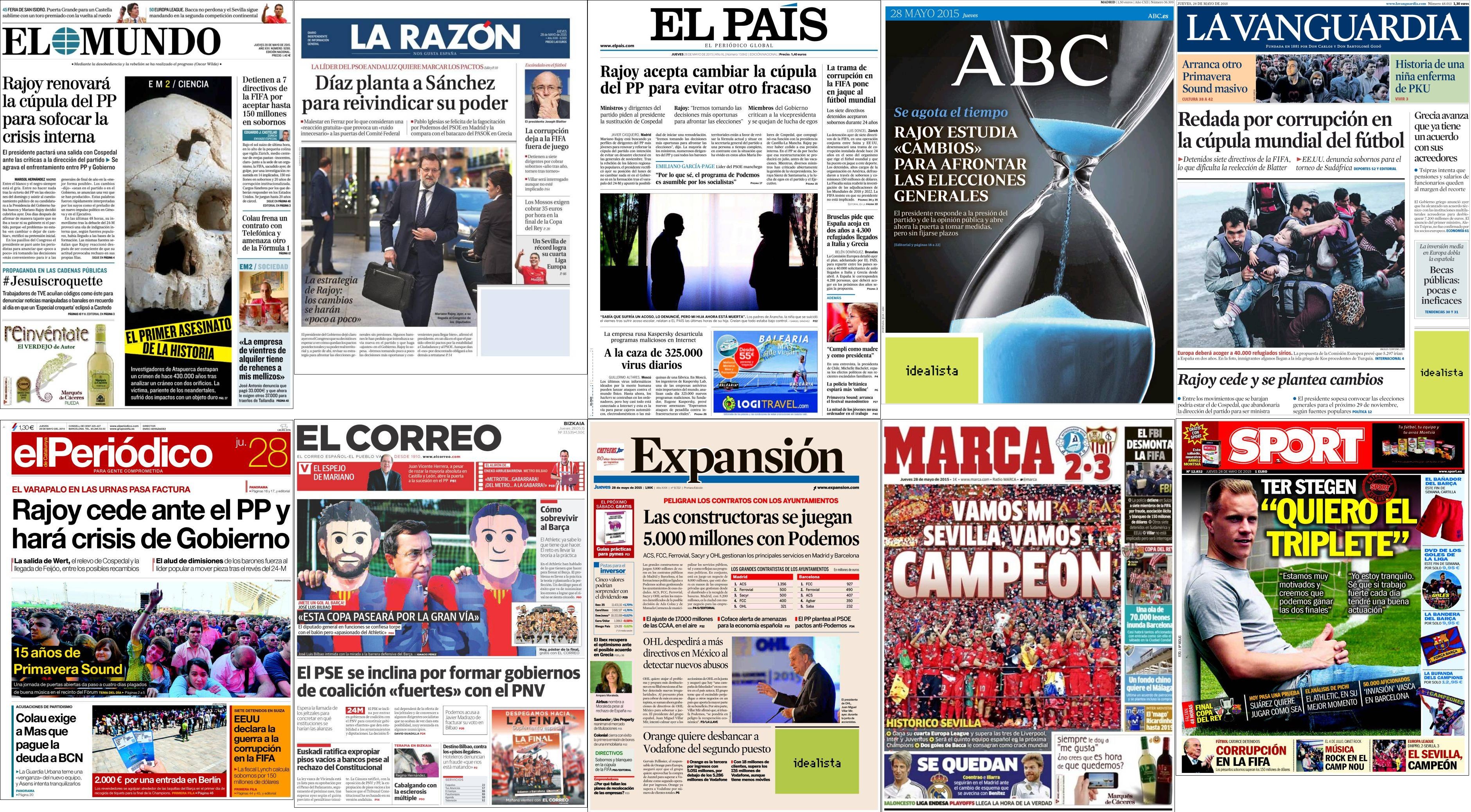 Portadas del jueves 28 de mayo de 2015.