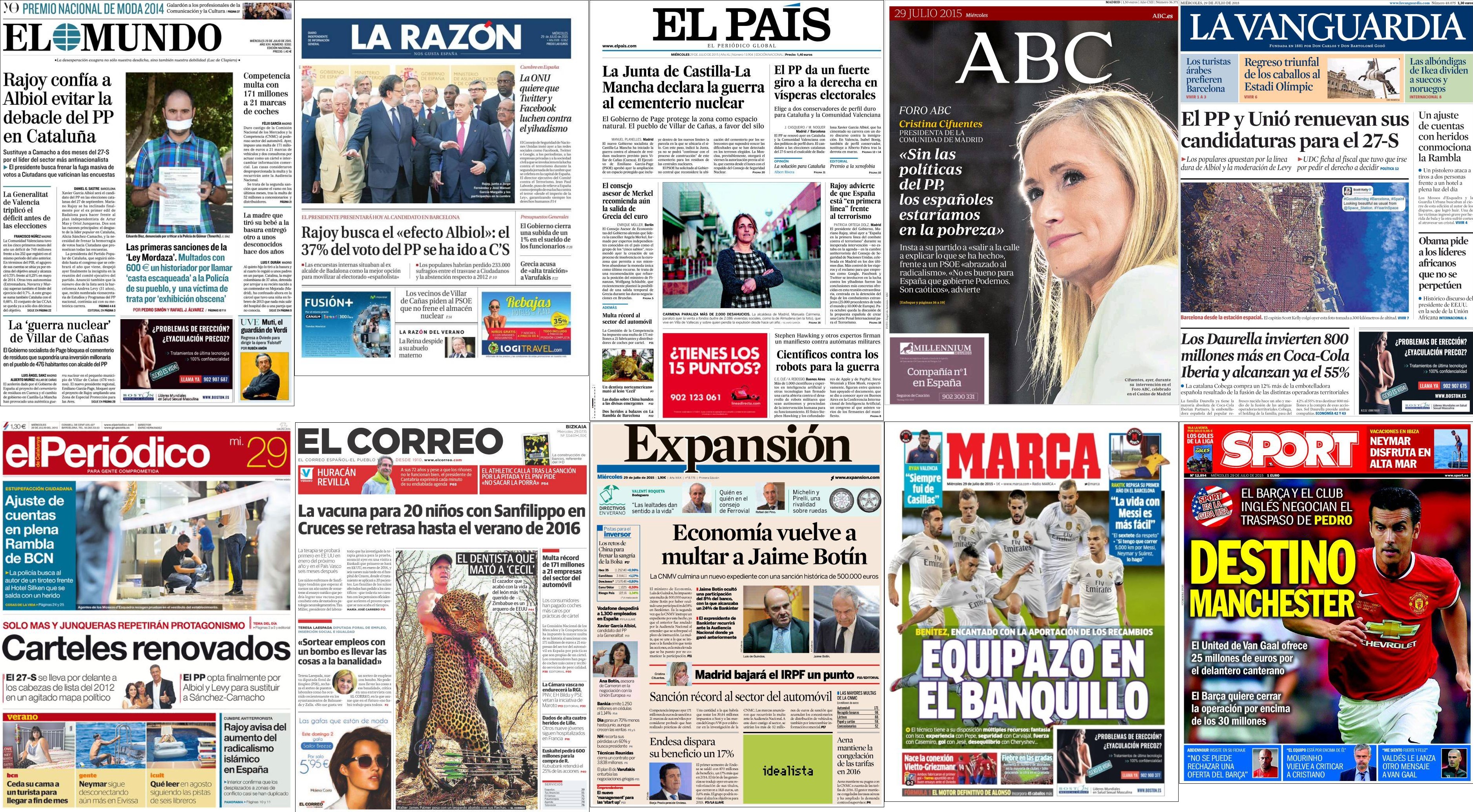 Portadas del miércoles 29 de julio de 2015.