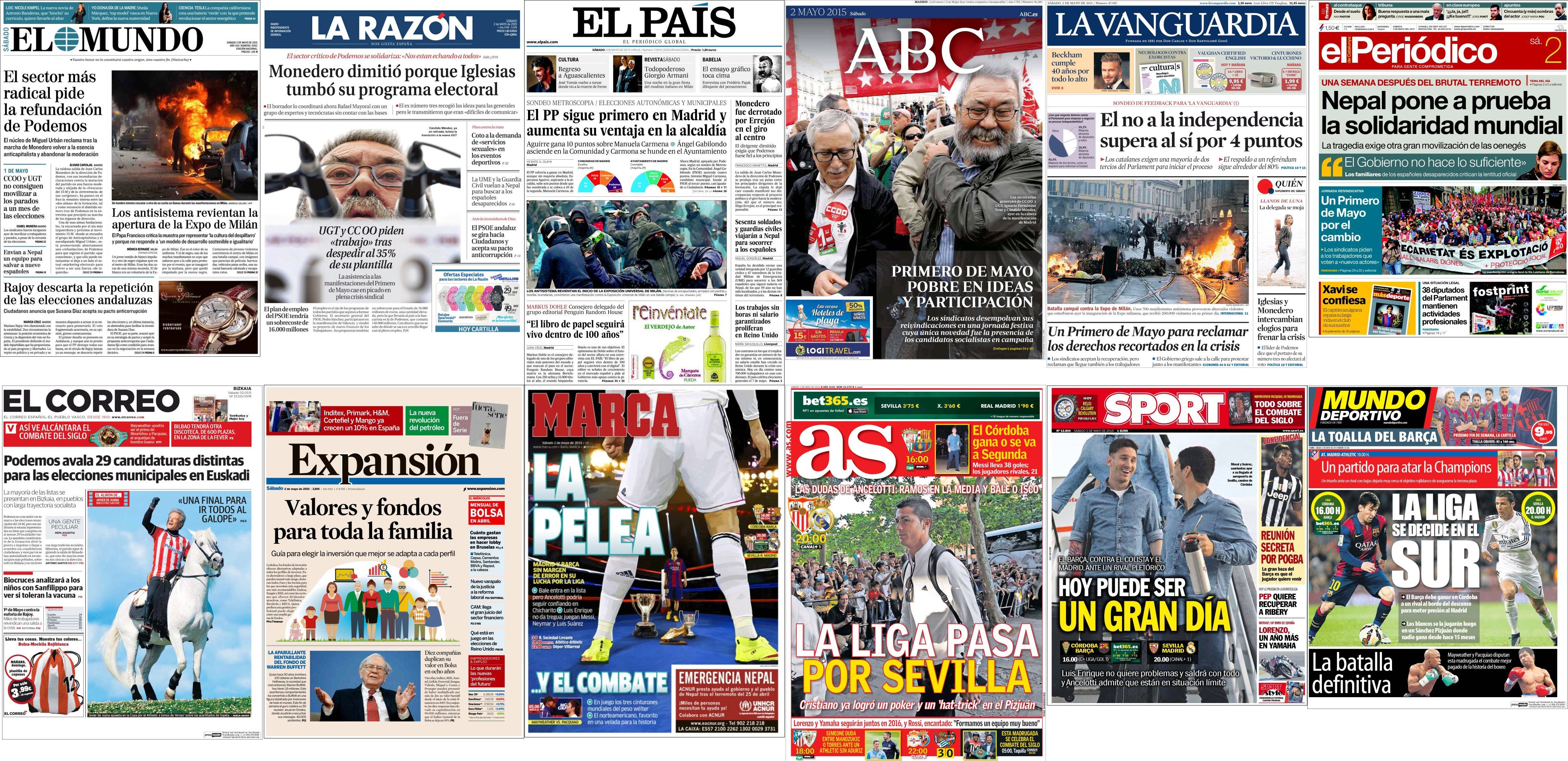 Portadas del sábado 2 de mayo de 2015.
