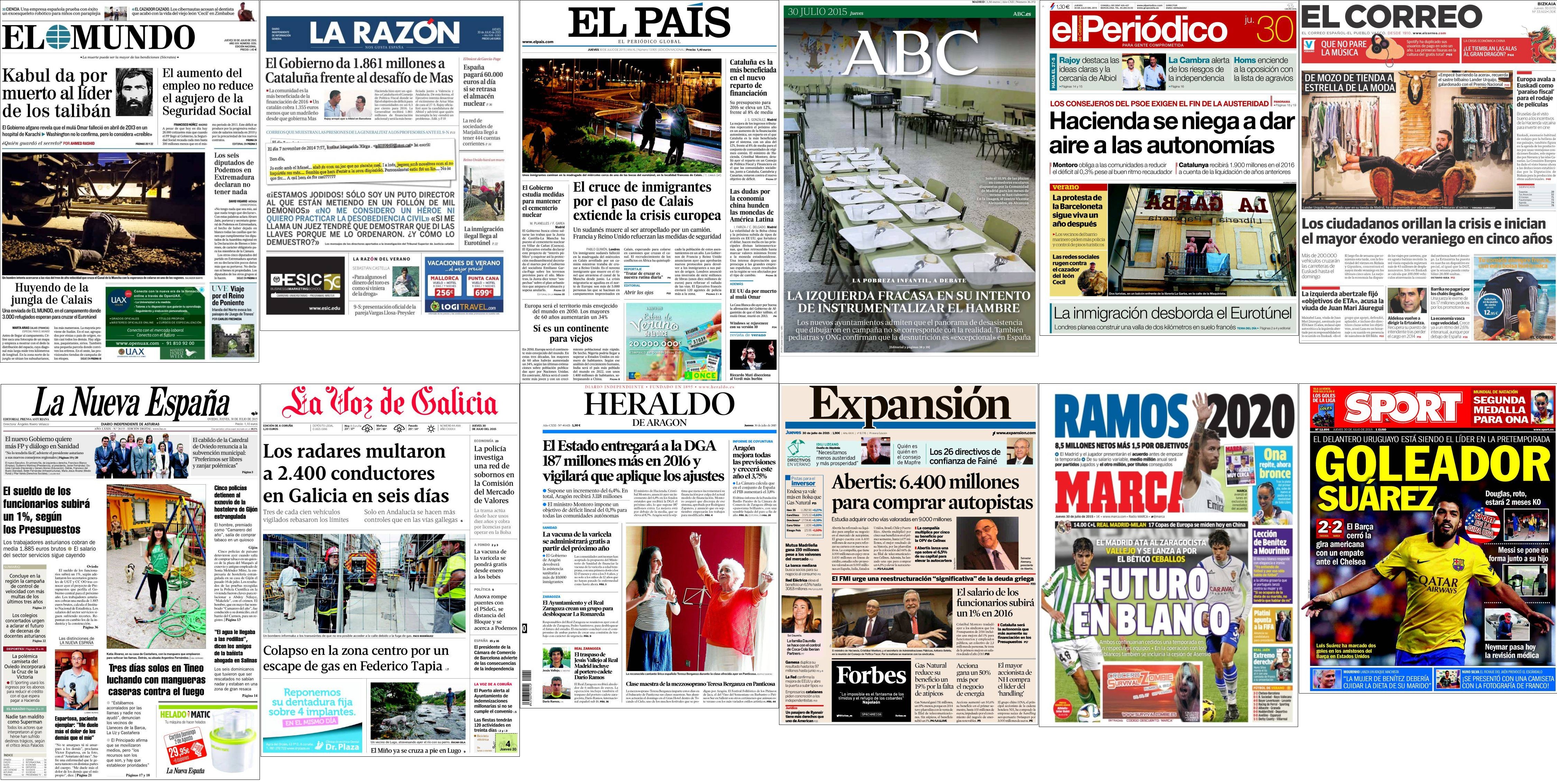 Portadas del jueves 30 de julio de 2015.