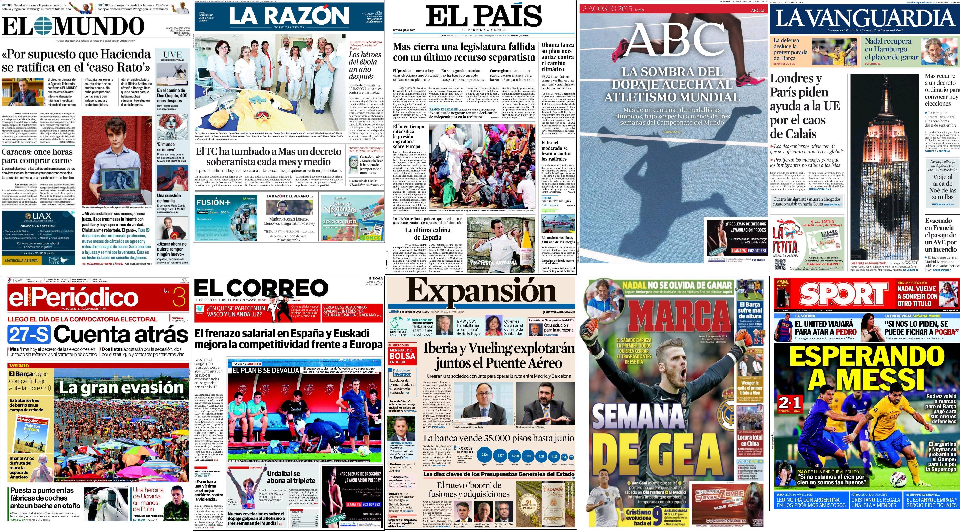 Portadas del lunes 3 de agosto de 2015.