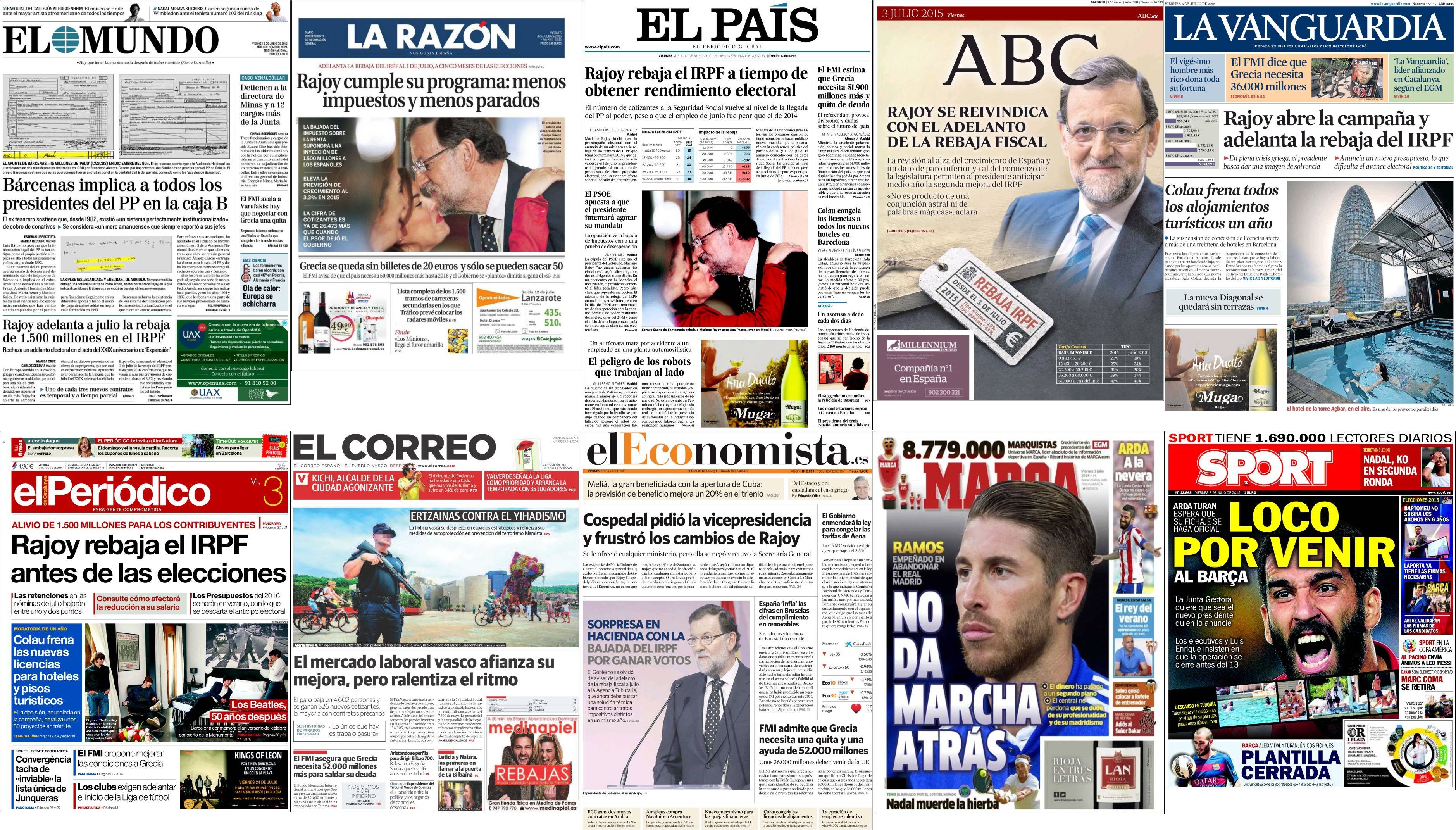 Portadas del viernes 3 de julio de 2015.