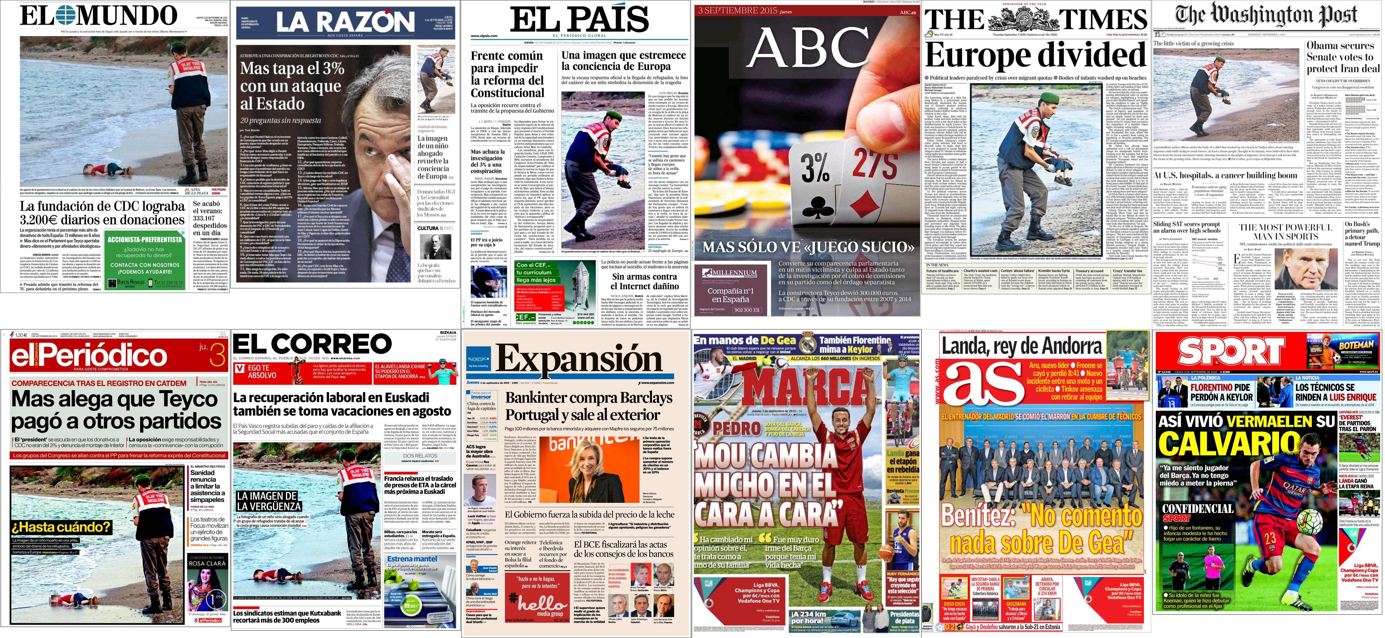 Portadas del jueves 3 de septiembre de 2015.