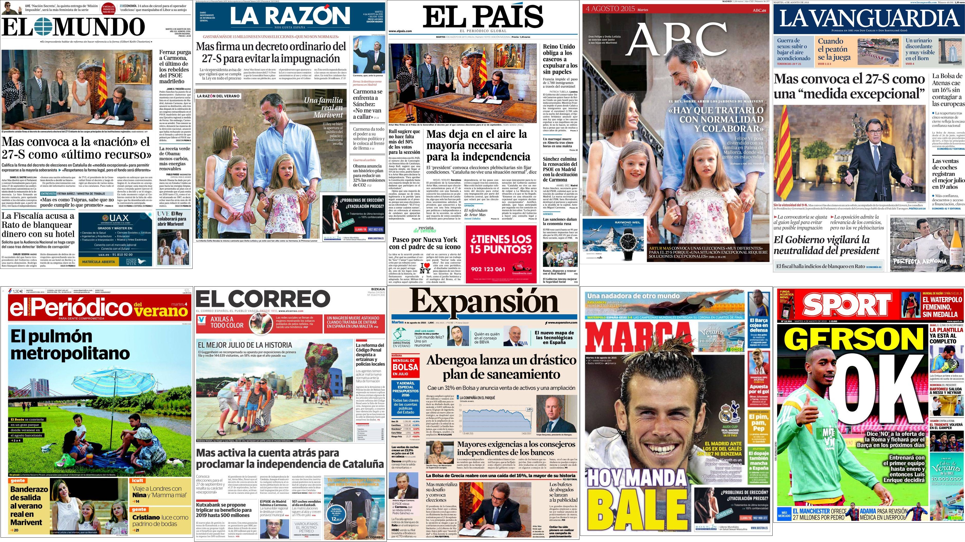 Portadas del martes 4 de agosto de 2015.