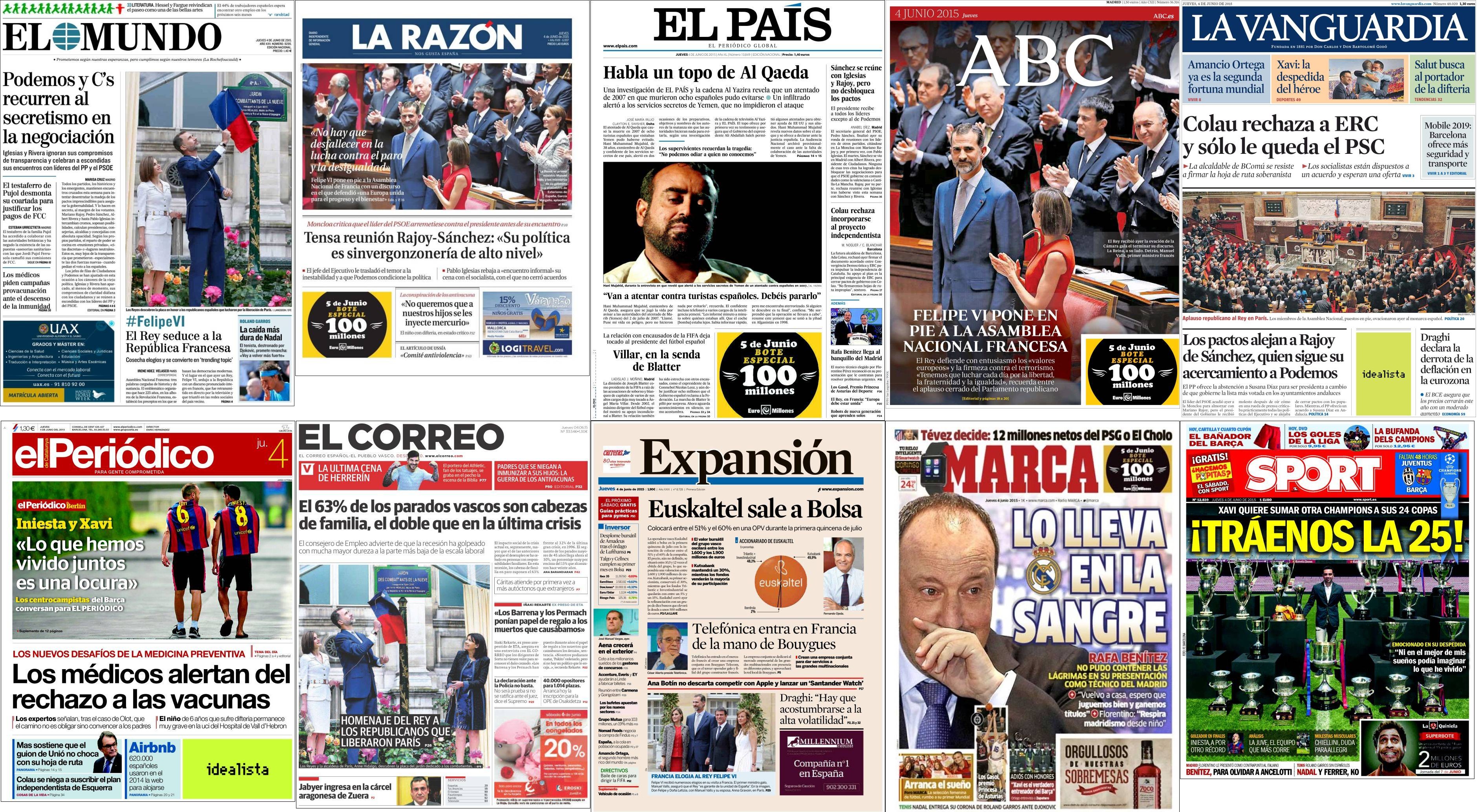 Portadas del jueves 4 de junio de 2015.