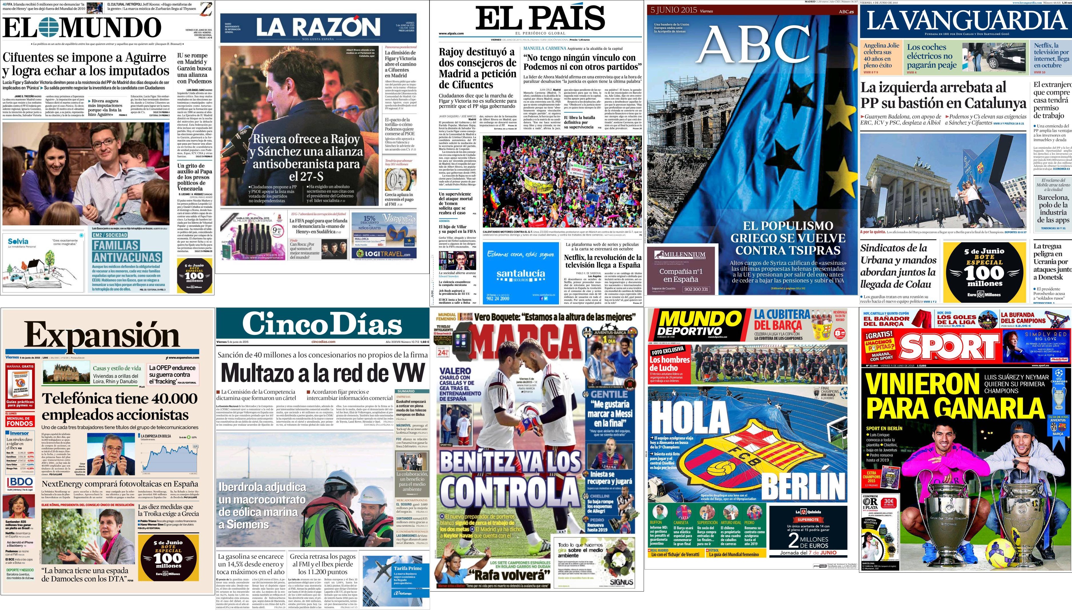 Portadas del viernes 5 de junio de 2015.