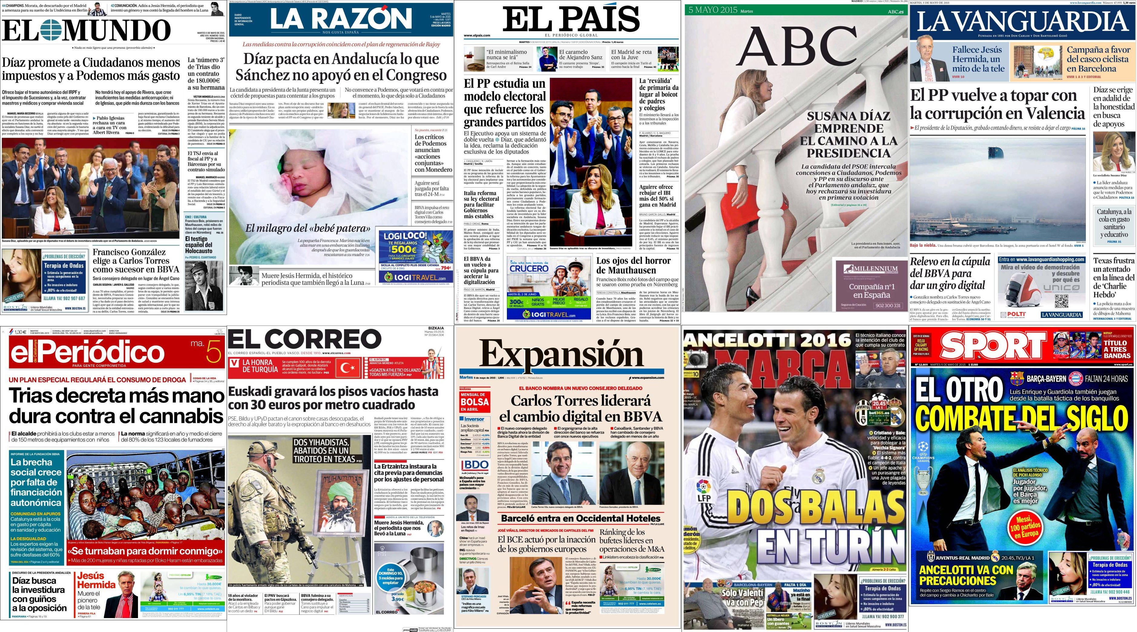 Portadas del martes 5 de mayo de 2015.