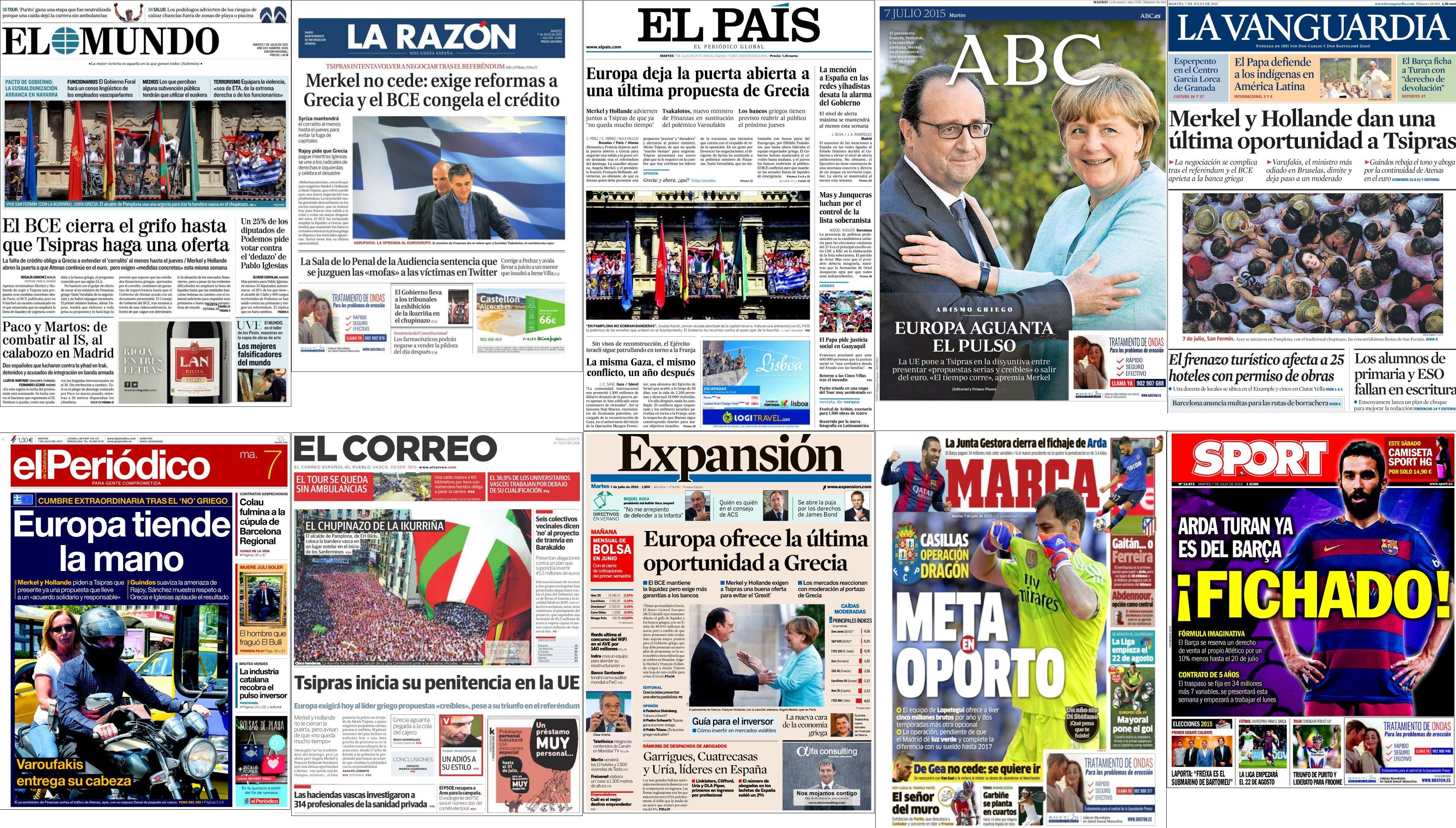 Portadas del martes 7 de julio de 2015.