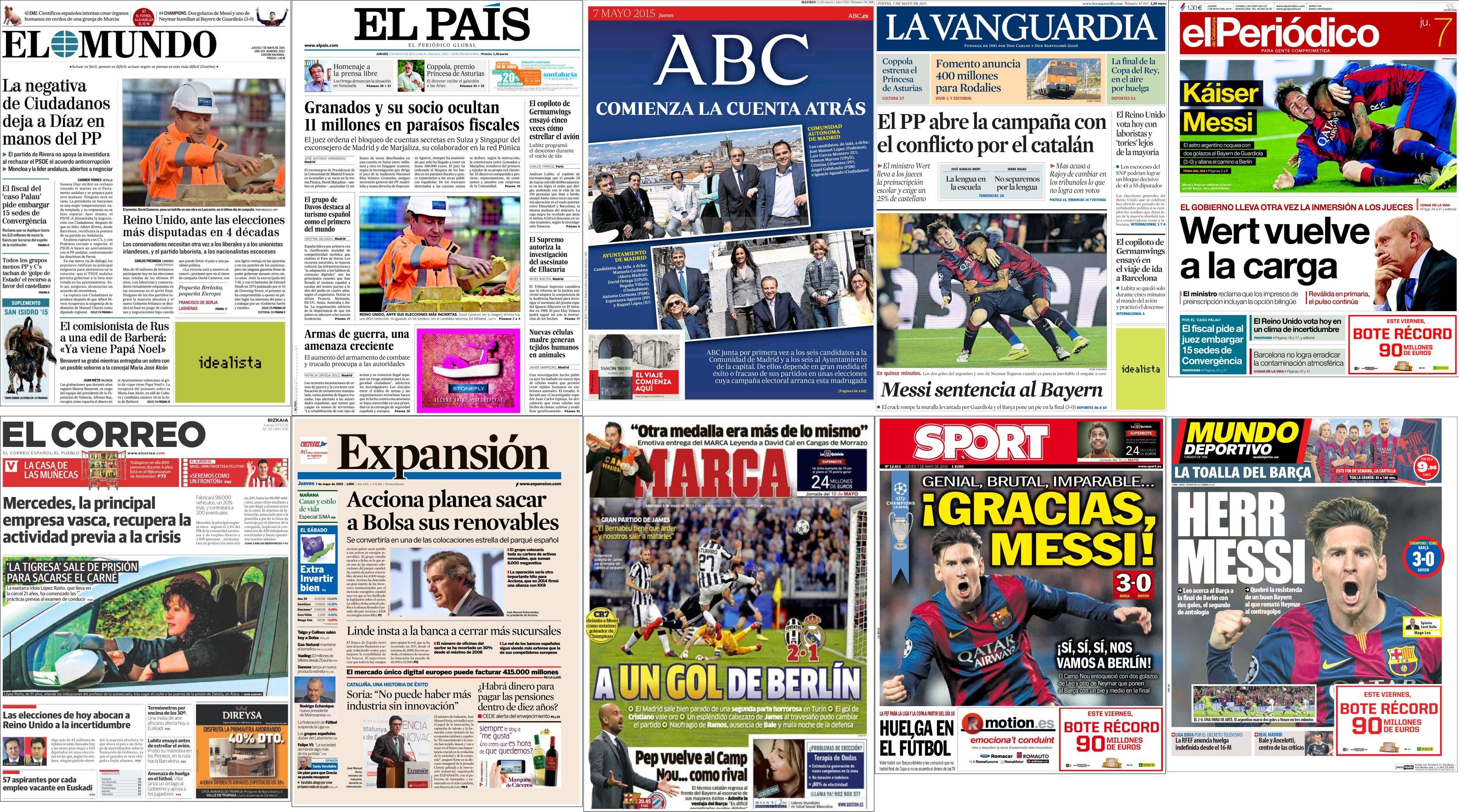 Portadas del jueves 7 de mayo de 2015.