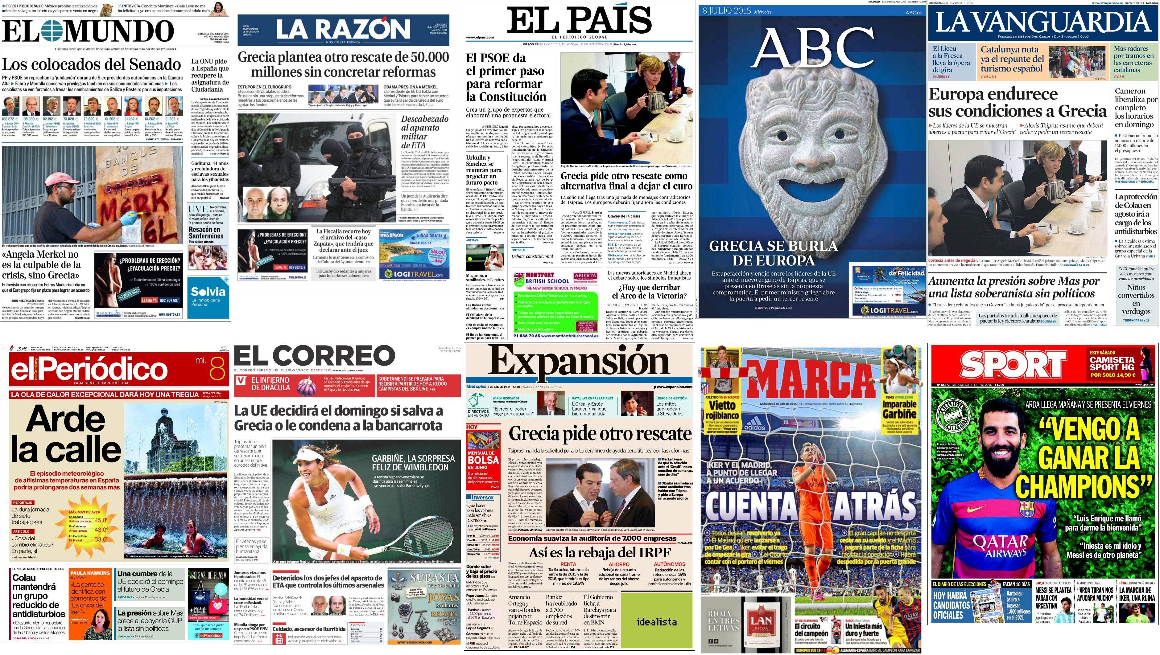 Portadas del miércoles 8 de julio de 2015.