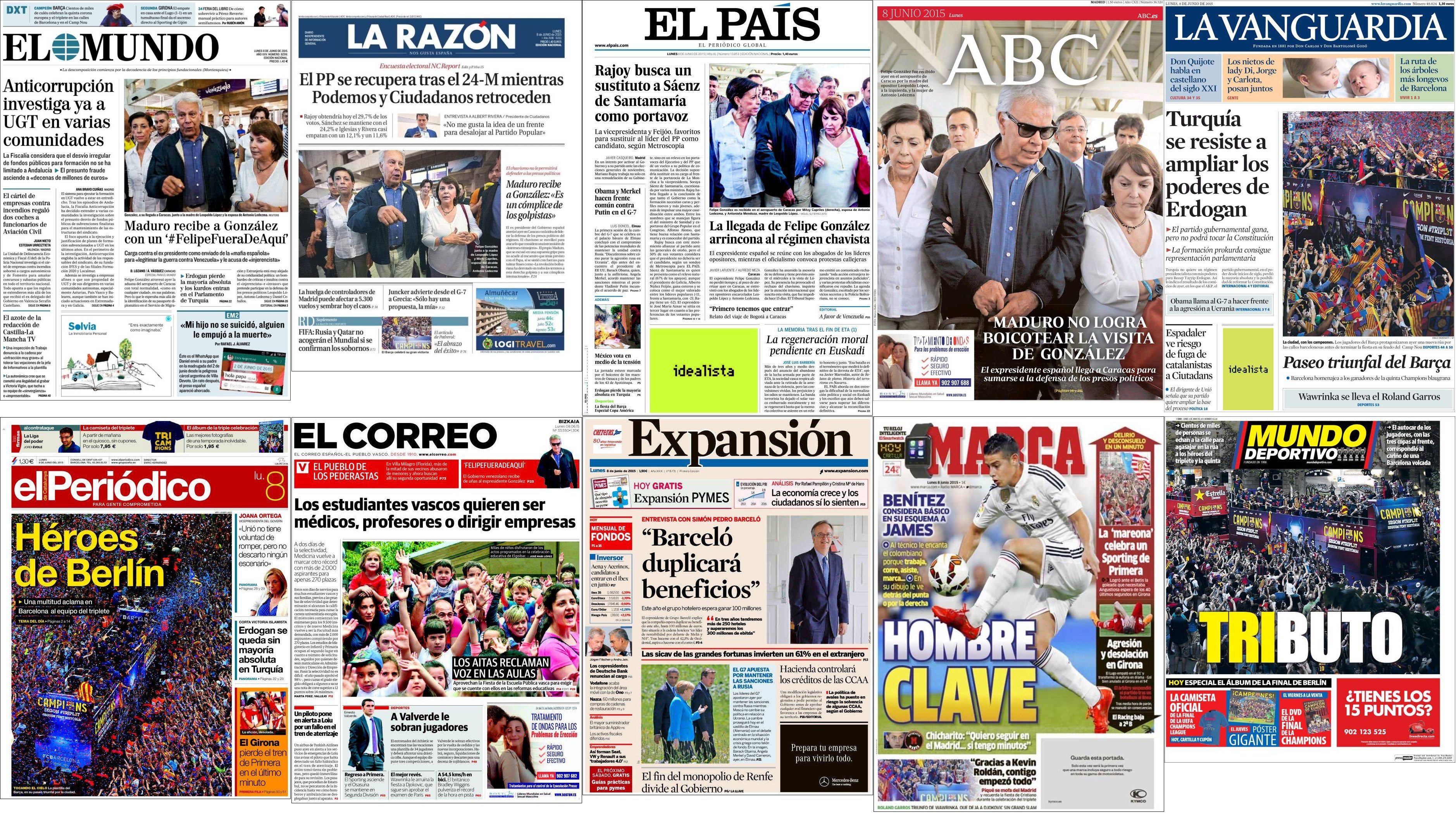 Portadas del lunes 8 de junio de 2015.