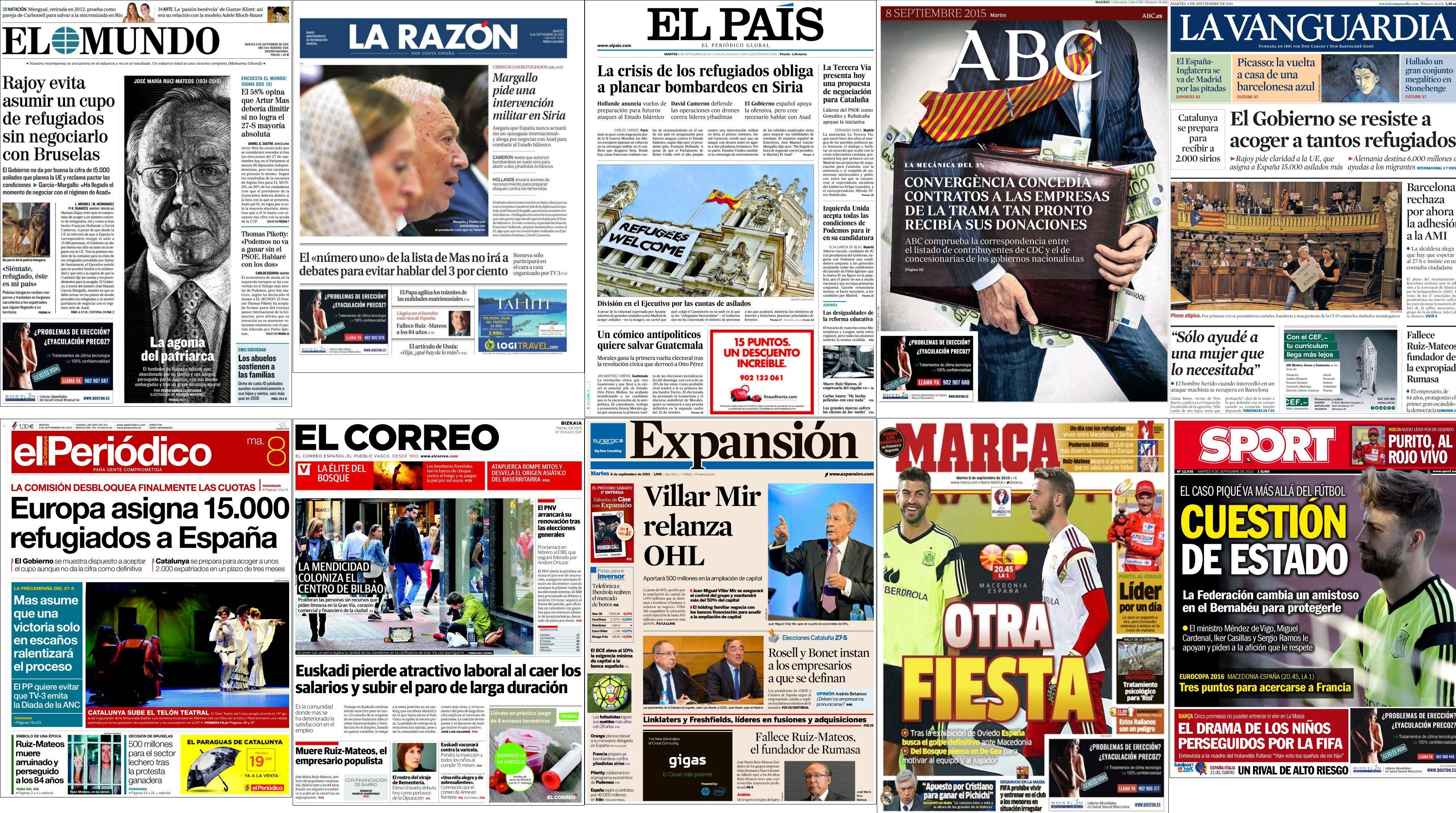 Portadas del martes 8 de septiembre de 2015.