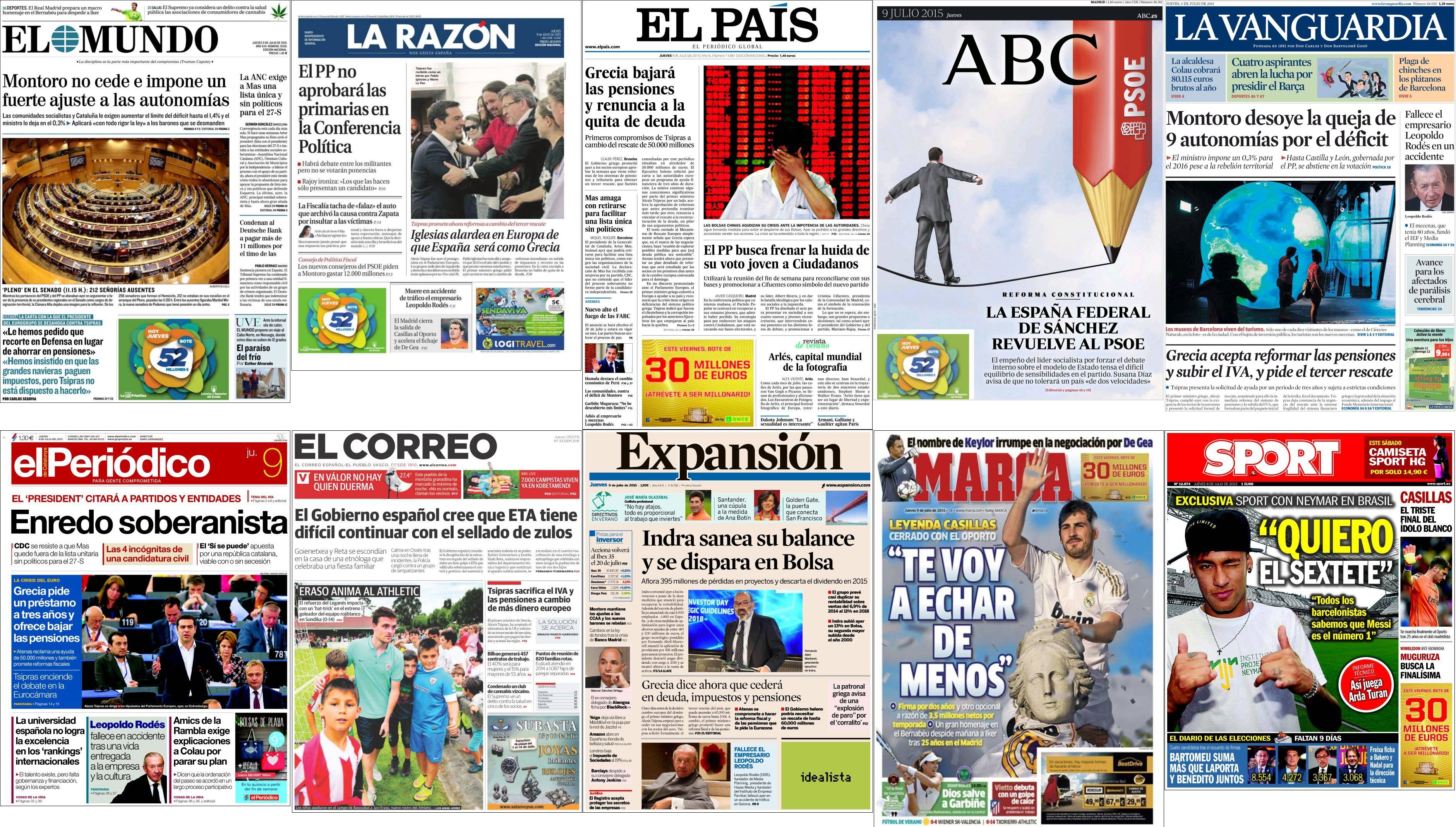 Portadas del jueves 9 de julio de 2015.