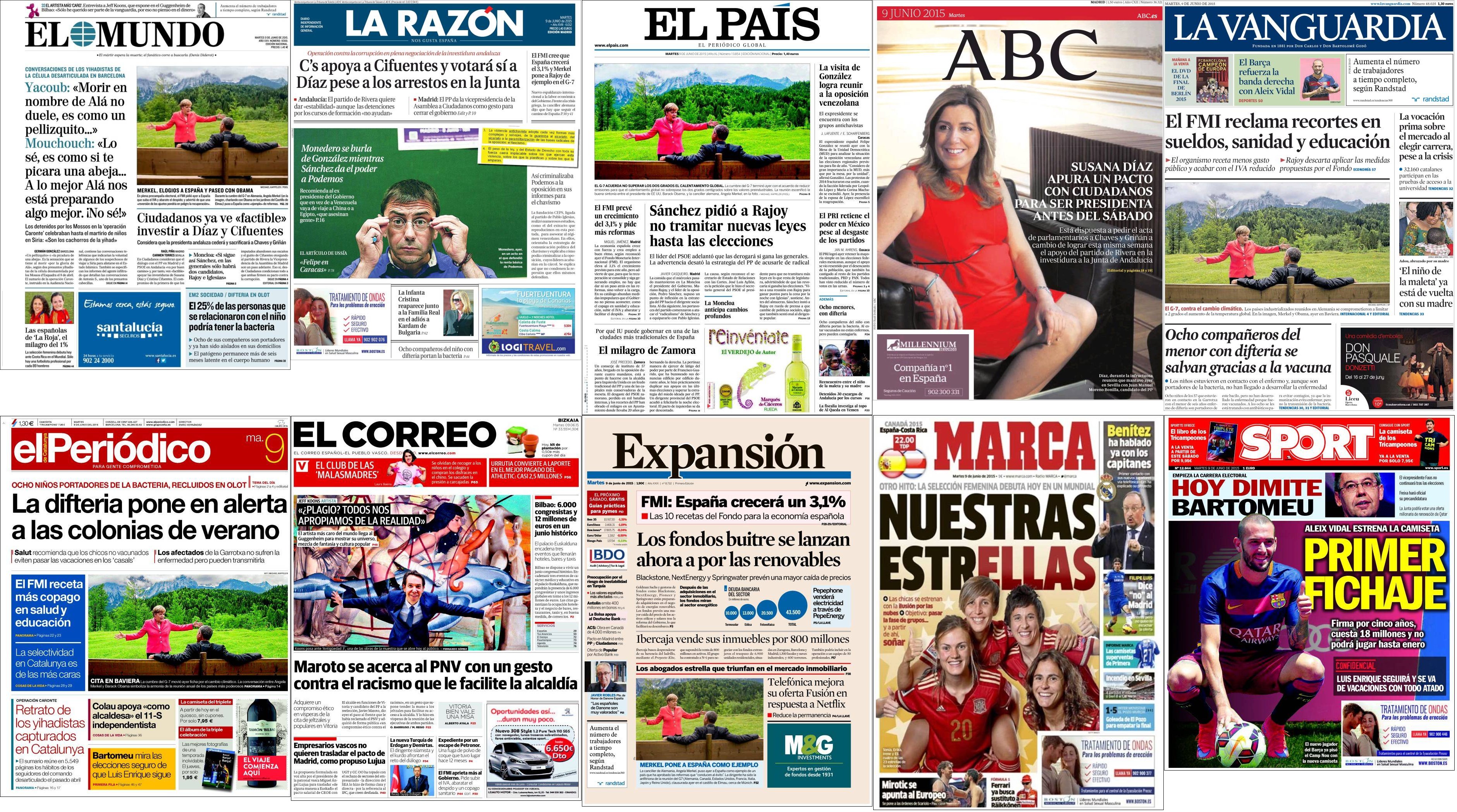 Portadas del martes 9 de junio de 2015.