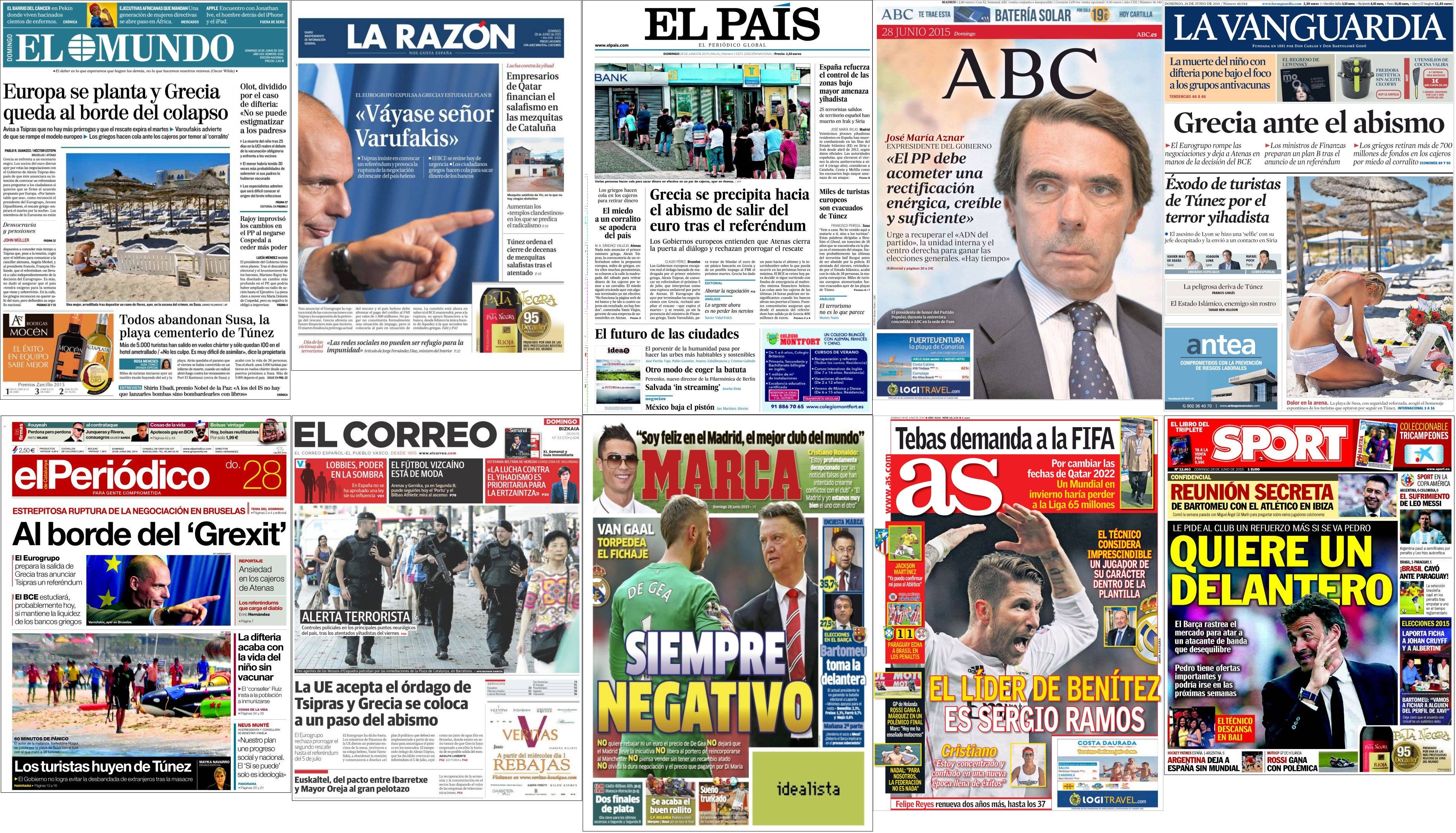 Portadas del domingo 28 de junio de 2015.