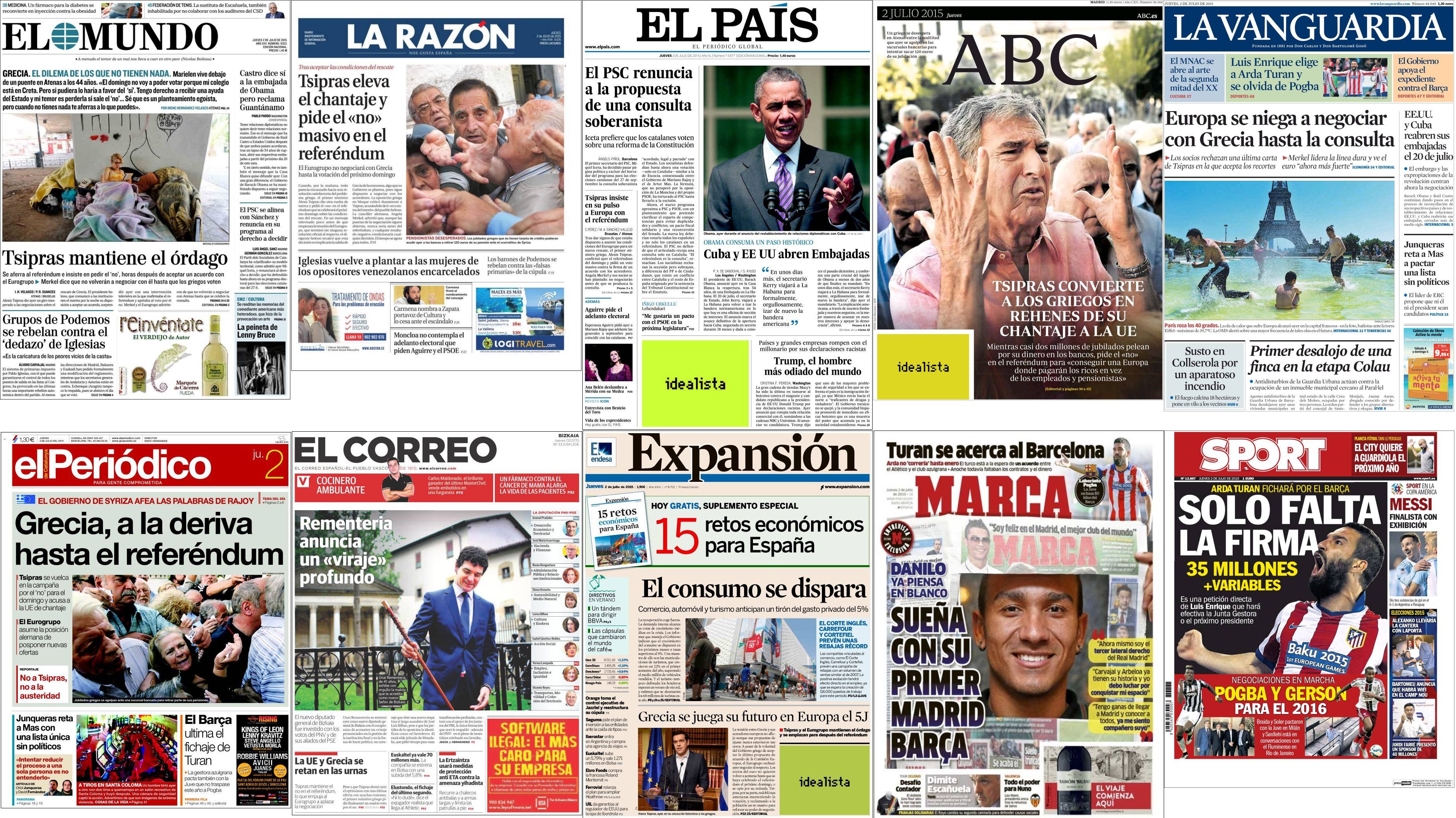 Portadas del jueves 2 de julio de 2015.