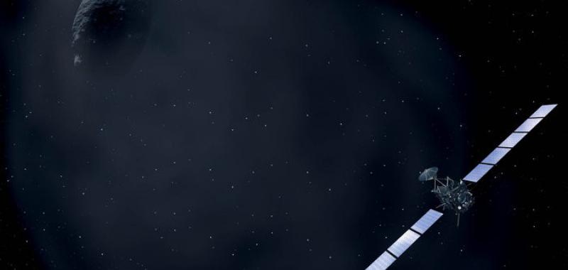 Representación de Rosetta aproximándose a su cometa