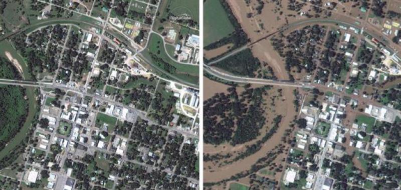 La ciudad de Wharton el 9 de octubre de 2016 (i) y el 30 de agosto de 2017 (d) tras el paso del huracán Harvey.