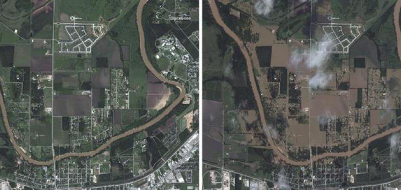 La ciudad de Rosenberg el 3 de abril de 2017 (i) y el 30 de agosto de 2017 (d) tras el paso del huracán Harvey.