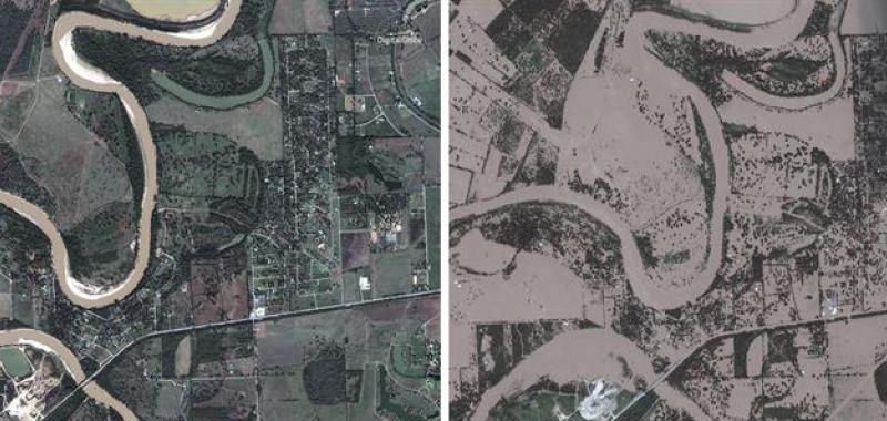 La ciudad de Simonton el 20 de noviembre de 2016 (i) y el 30 de agosto de 2017 (d) tras el paso del huracán Harvey.
