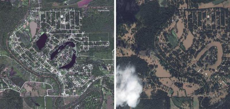 La ciudad de Holiday Lakes el 3 de abril de 2017 (i) y el 30 de agosto de 2017 (d) tras el paso del huracán Harvey.