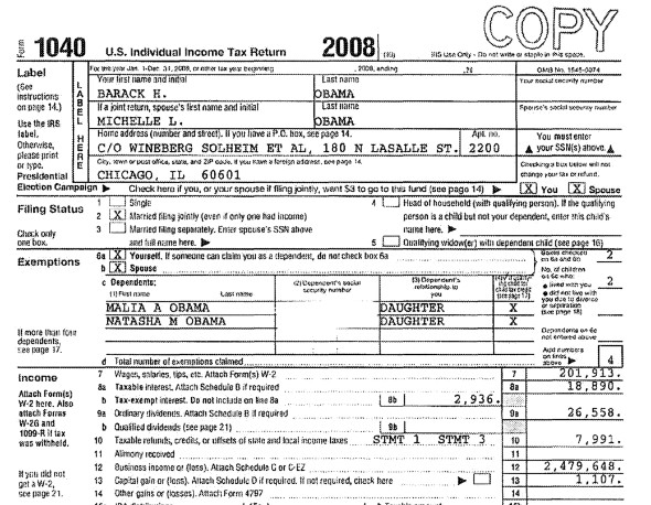 Declaración de la renta de la familia Obama de 2008.