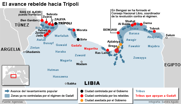 Mapa de los avances de las tropas rebeldes y de las ciudades todavía en poder de Gadafi.