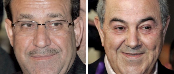 Combo de dos imágenes de archivo: a la derecha el primer ministro iraquí Ayad Allawi y líder de la coalición opositora Iraqiya, el 7 de marzo en Bagdad (Iraq), y a la izquierda el primer ministro iraquí, Nuri al Maliki (Efe)