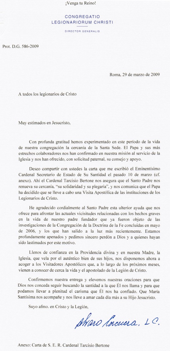Carta del director general de Legionarios de Cristo, Álvaro Corcuera.